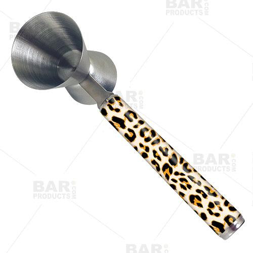 Premium Cheetah Print Jigger for Cocktails - Dual-Sided 0.75oz & 1.25oz Measuring Cup - Perfect for Bartenders, Home Bars & Mixology Enthusiasts
