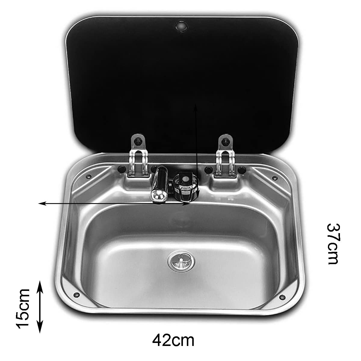 **Stainless Steel RV Sink with Folding Lid & Tempered Glass Cover - Kitchen Sink Faucet for RV, Caravan, Boat, or Bar - Perfect for Compact Spaces & Outdoor Hand Washing**