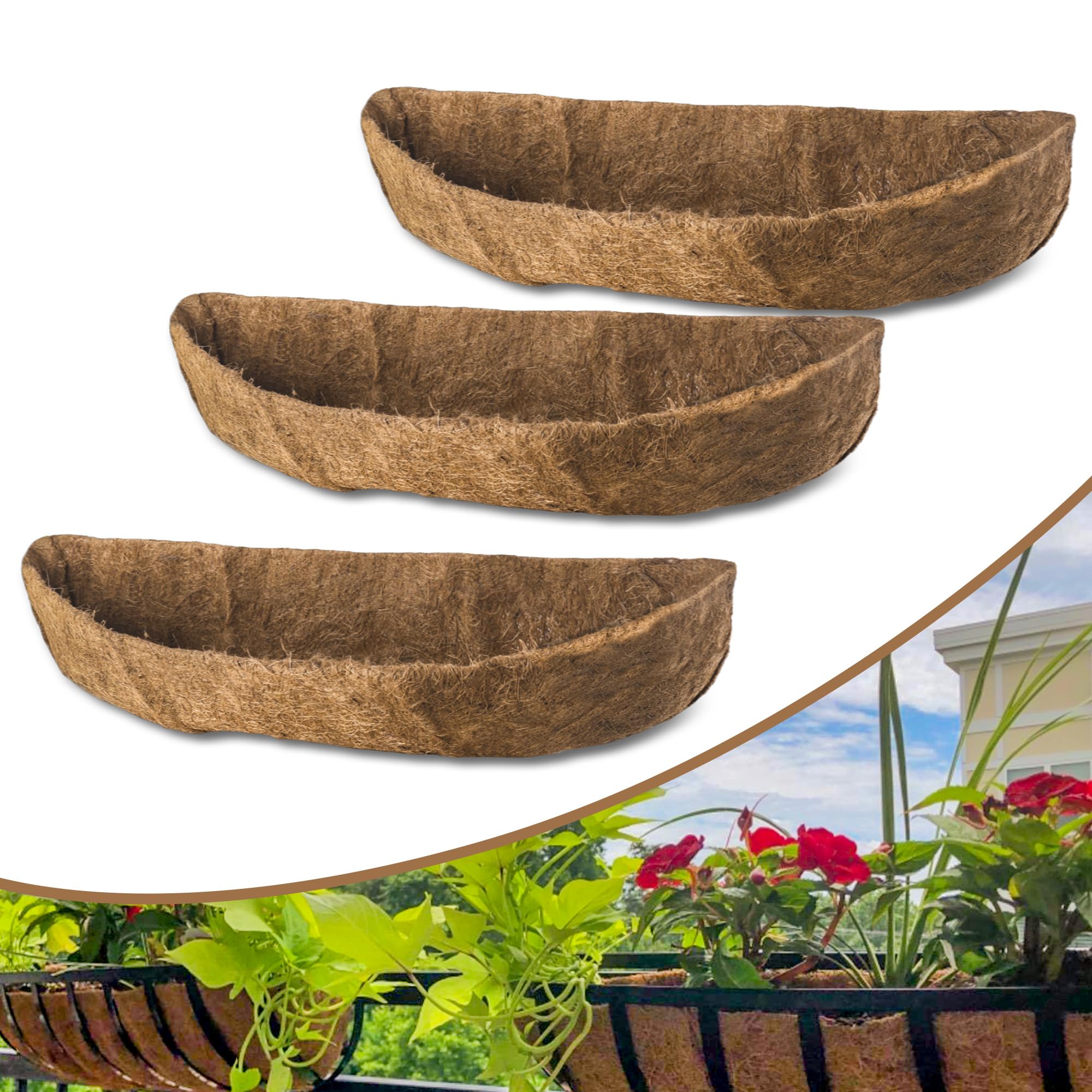 Premium 36 Inch Coco Liners for Planters - 3 Pack Natural Coconut Fiber Plant Liners for Window Boxes, Wall Planters & Outdoor Planters - Perfect for Balcony Gardens, Hanging Baskets and Landscaping