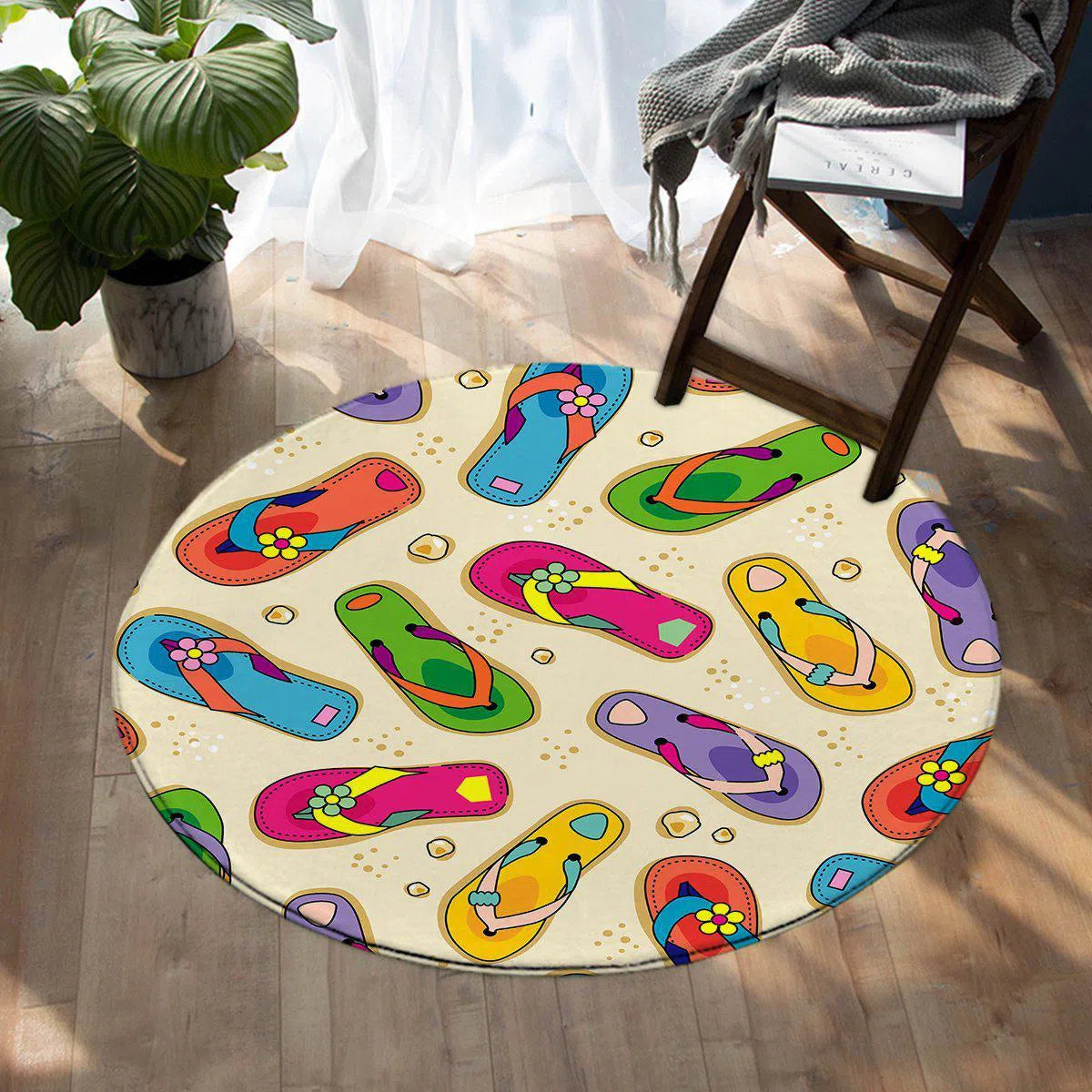 Flip Flop State of Mind Round Area Rug - Soft Boho Chic Non-Slip Carpet for Living Room, Bedroom & Nursery - Perfect for Beach House Decor and Summer Vibes