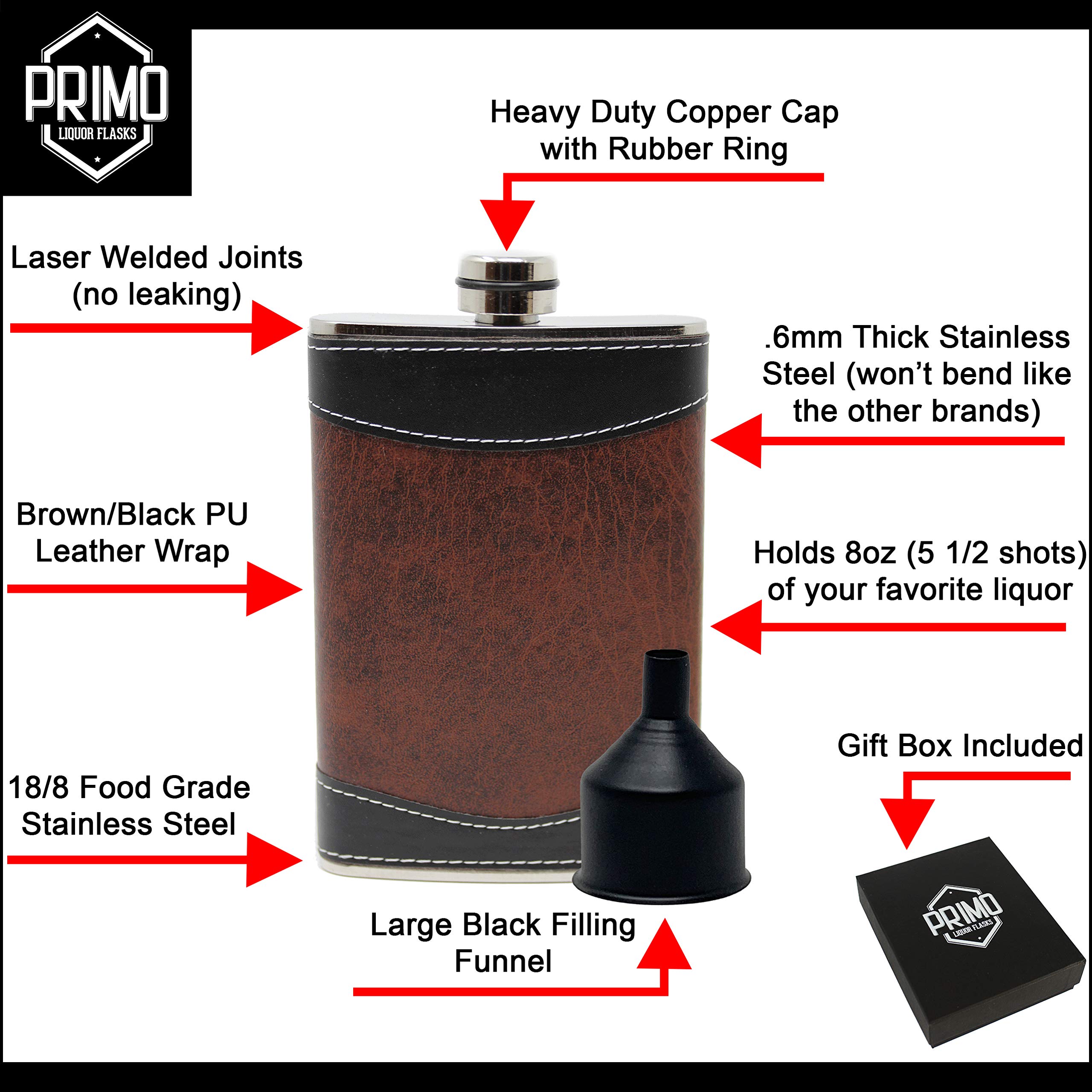 8oz Heavy Duty Stainless Steel Hip Flask for Liquor - Black & Brown with Funnel & Gift Box - Perfect for Outdoor Adventures, Camping, Hunting & Gifts for Men