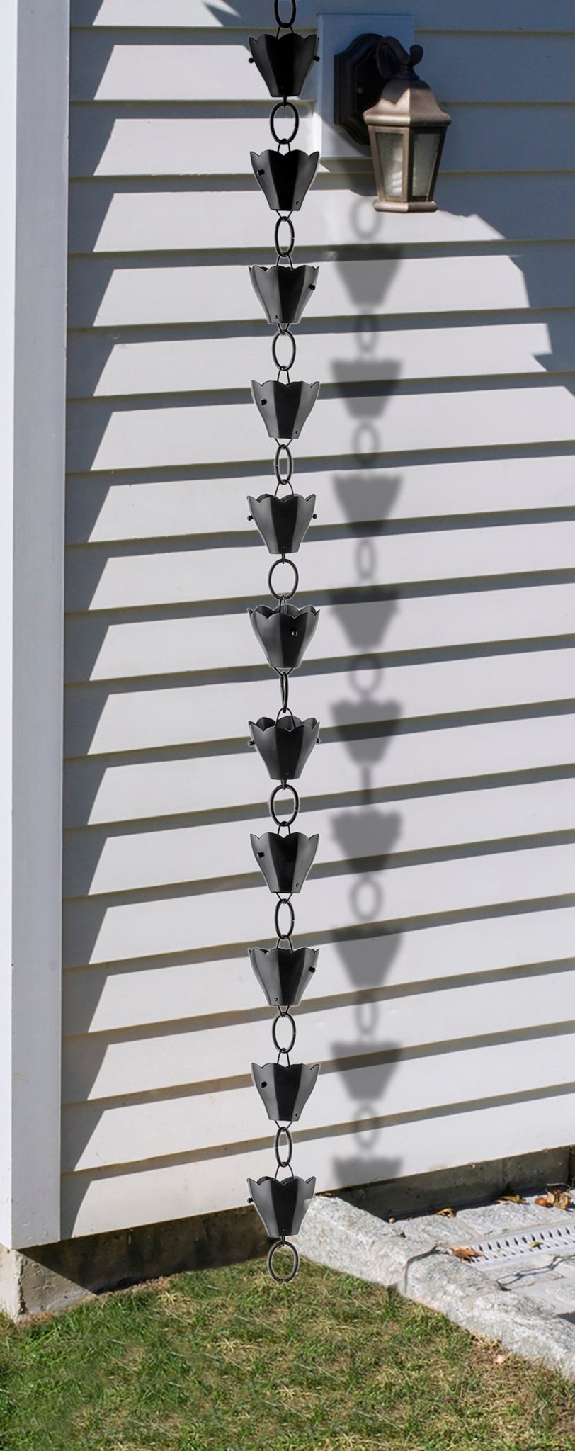 Black Tulip Rain Chain 8.5 ft with 13 Large Cups - Elegant Garden Gutter Downspout Decor for Outdoor Water Drainage