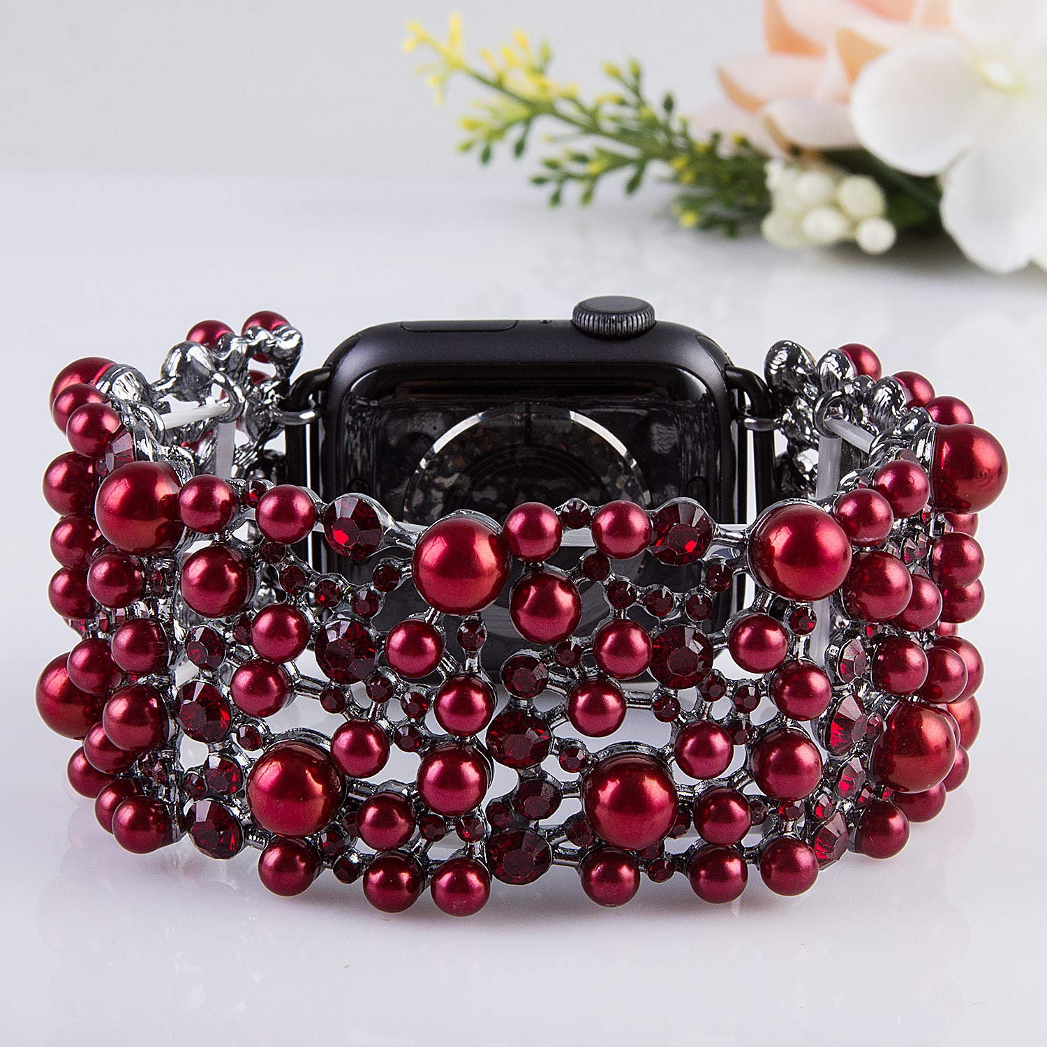VIQIV Bling Bands Compatible with Apple Watch 38mm 40mm 41mm 42mm 44mm 45mm 49mm - Diamond Rhinestone Metal Pearl Bracelet Strap for Women - Perfect for Parties, Weddings, Work & Everyday Fashion Accessory