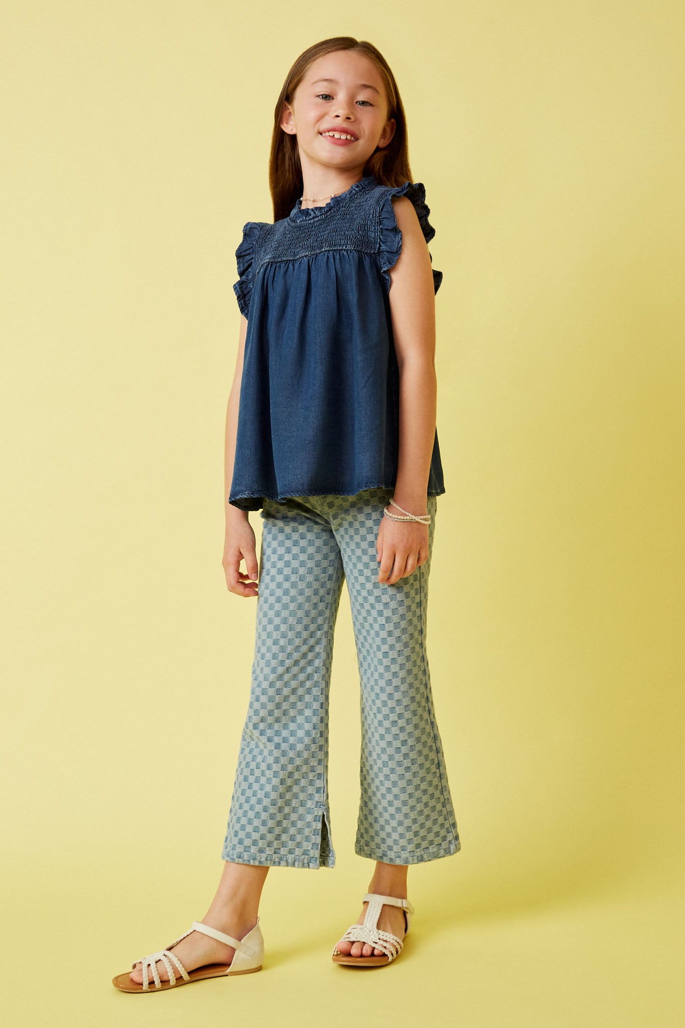 Ruffle Detailed Smocked Denim Tencel Tank Top for Women - Summer Casual Wear, Beach Cover Up, Boho Chic Outfits