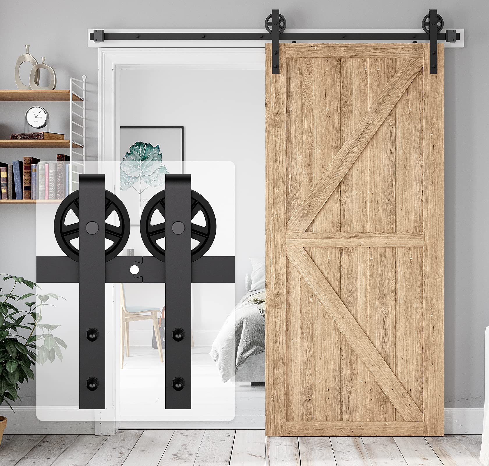 Heavy Duty 6.6FT Sliding Barn Door Hardware Kit - Industrial Big Wheel J Hangers for Wood Single Doors (Fits 1 3/8