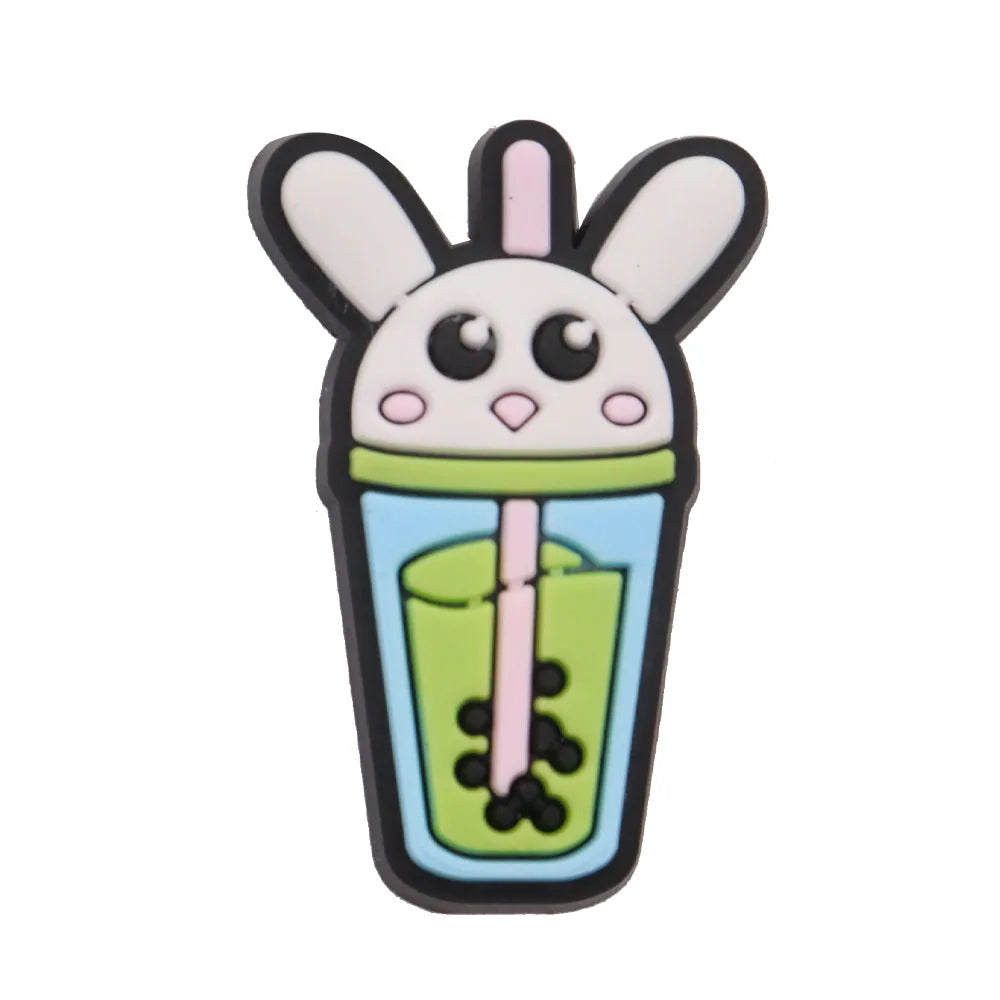 1PCS PVC Shoe Charms - Cute Bubble Tea Drink Rabbit Heart Sandals Decoration for Wristbands & Slippers | Fun Accessories for Kids, Girls Gift Ideas | Perfect for DIY Crafts, Party Favors & Fashion Styling