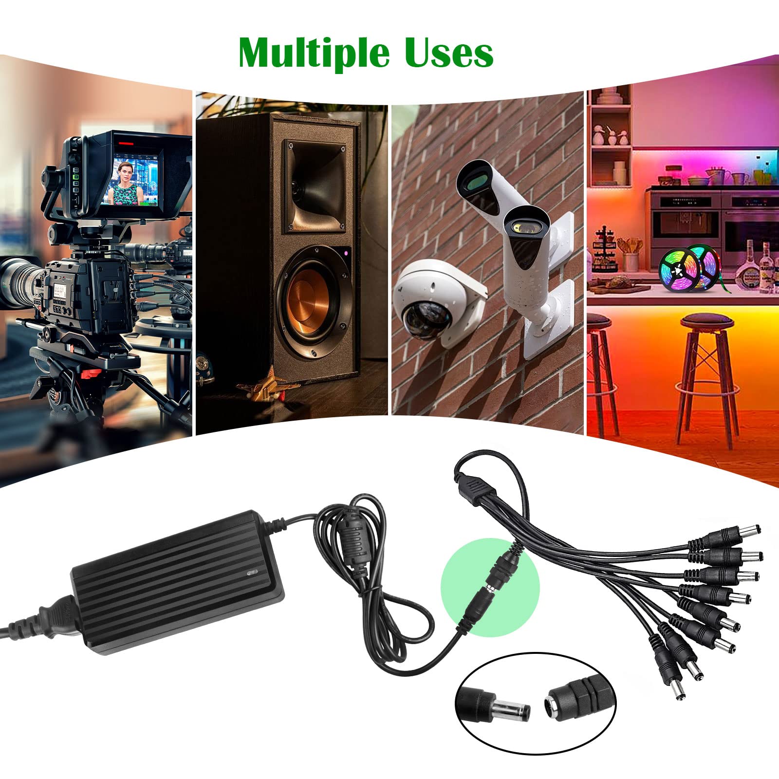 12V 5A 60W Power Adapter with 8-Way Splitter Cable - AC 100-240V to DC 12V Converter for CCTV Cameras, LED Strip Lights, Security Systems & Home Electronics - Perfect for Multi-Device Power Supply & DIY Lighting Projects