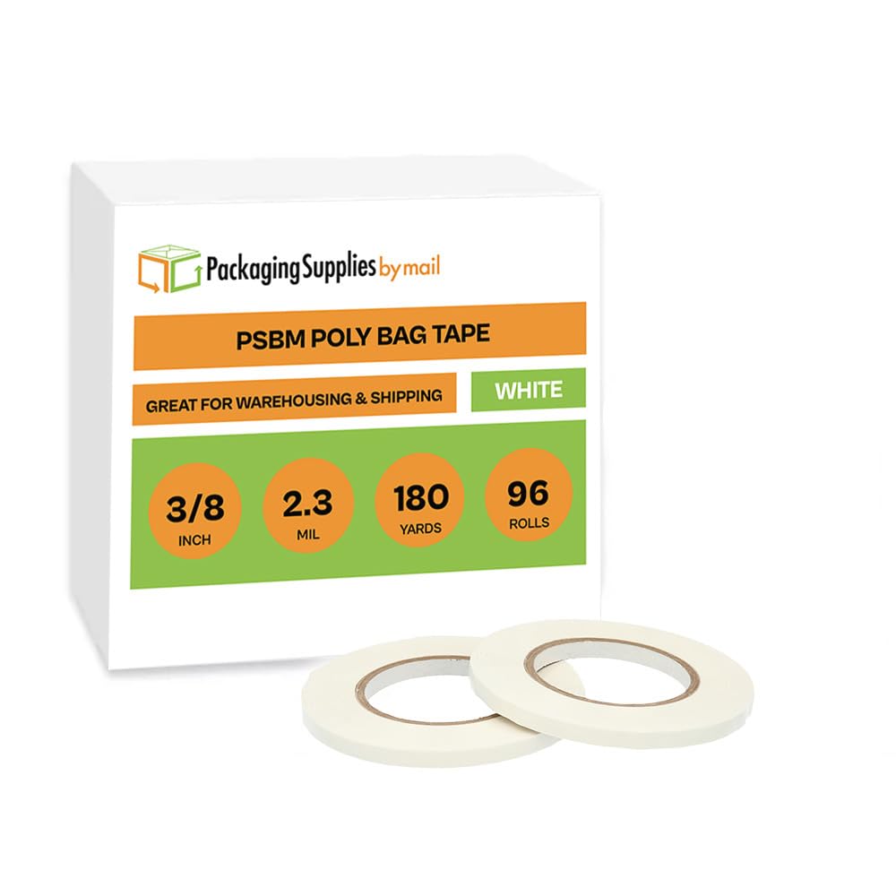 PSBM Poly Bag Sealing Tape - White 3/8 Inch x 180 Yards (96 Pack, 2.3 Mil) | Colored Sealer Tape for Dispenser Refill | Perfect for Bags, Polybags, Produce Wrapping & Freezer Storage | Ideal for Packaging, Shipping & Food Preservation