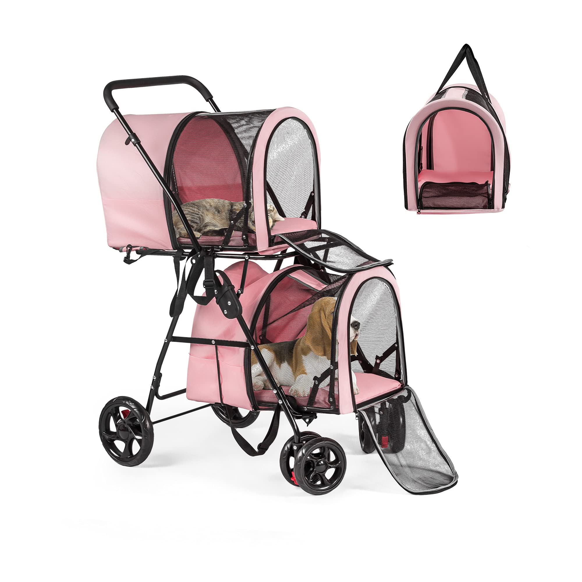 3-in-1 Double Pet Stroller - Foldable Dog & Cat Carrier for 2 Small Pets, Travel Cart for Puppies & Kittens (Pink) - Perfect for Park Walks, Vet Visits & Outdoor Adventures