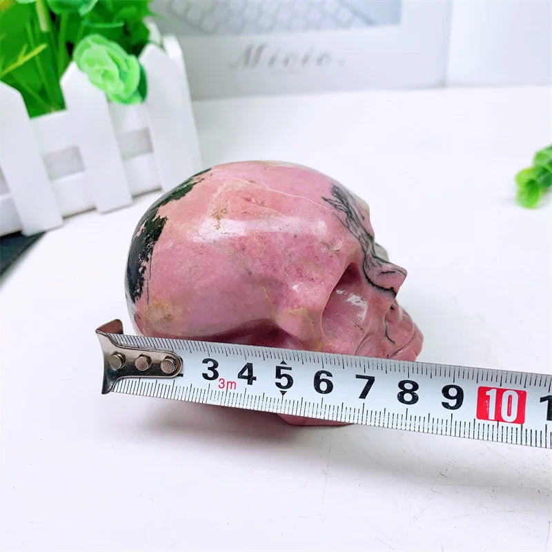 Natural Rhodonite Skull Carving - Handmade Mini Crystal Statue for Home Decor, Witchcraft Altar & Halloween Display (1PC, 676g) | Spiritual Healing Stone, Unique Gift for Collectors & Wiccan Practitioners