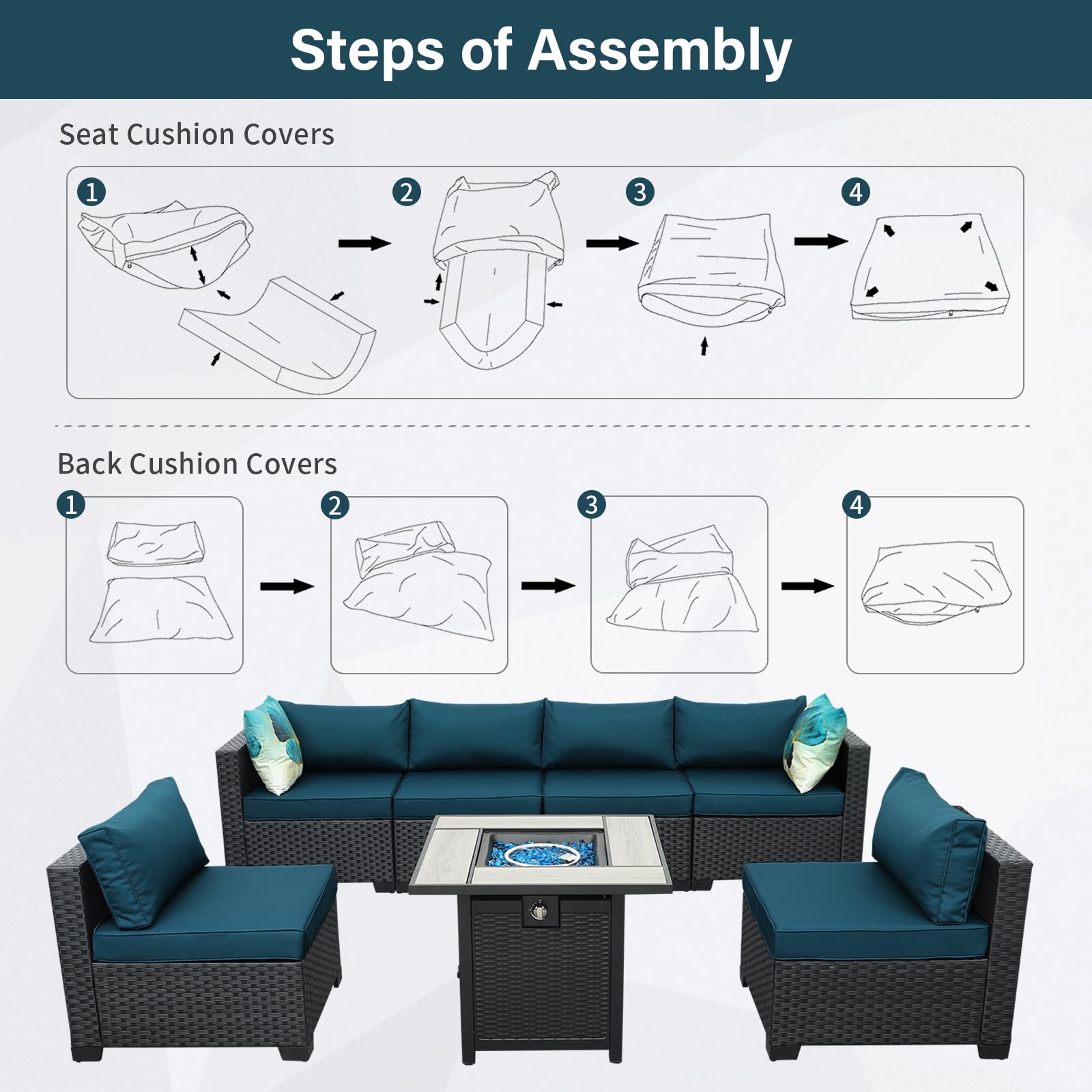 Waterproof Outdoor Cushion Covers for Patio Furniture Set - Non-Slip Square Sofa Cushion Slipcovers Replacement (Peacock Blue) - Perfect for Sectional Sofas, Deck Chairs & Poolside Lounging