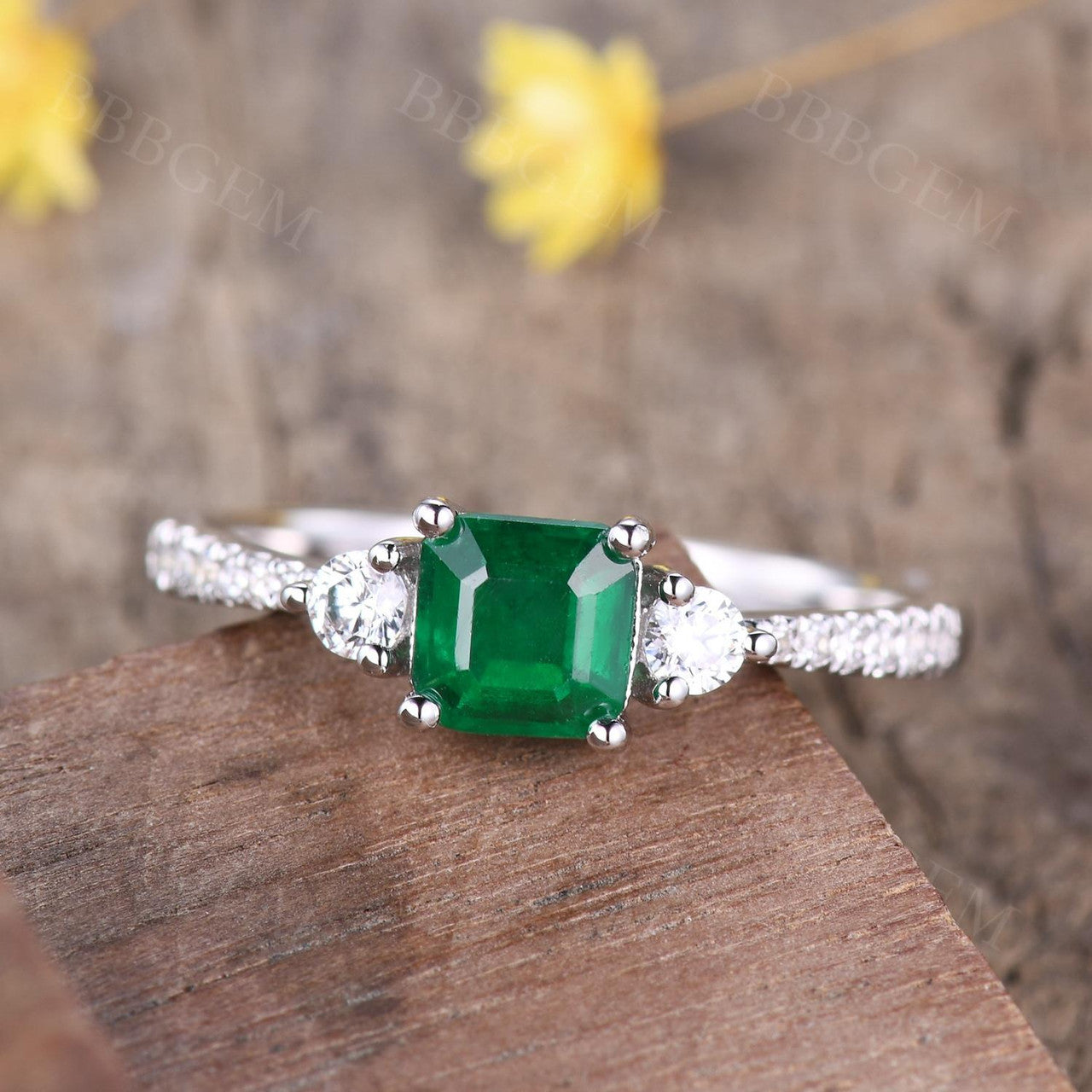 Exquisite Natural Zambian Emerald Three-Stone Platinum Ring with Diamond Accents - Perfect for Engagement, Anniversary & Special Occasions
