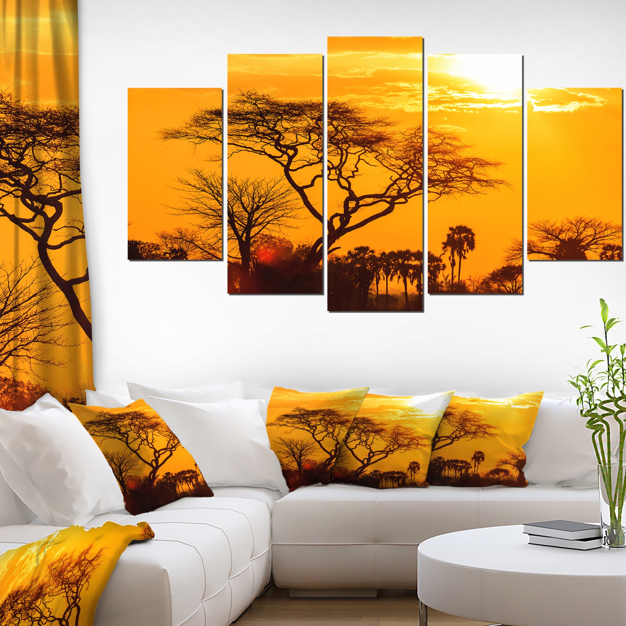 African Sunset Orange Glow Extra Large Wall Art - 60x32 Inches 5-Panel Canvas Landscape Painting - Perfect for Living Room, Bedroom & Office Decor