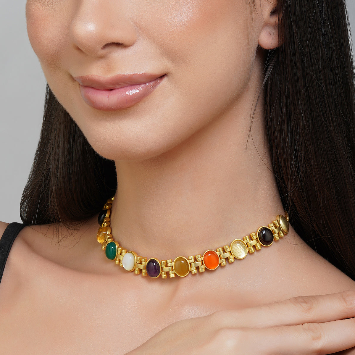 Navratna Choker Necklace with 9 Gemstones - Power Moves Spiritual Jewelry for Women | Perfect for Meditation, Yoga & Festive Occasions