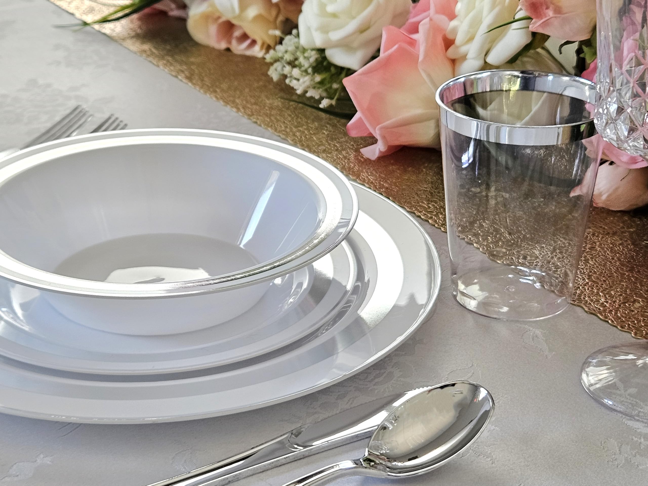 60-Pack Heavyweight Disposable Plastic Plates for Weddings & Parties - 10.5 Inch Dinner Plates in Elegant Soleil White & Silver - Perfect for Birthday Celebrations, Bridal Showers, and Special Events