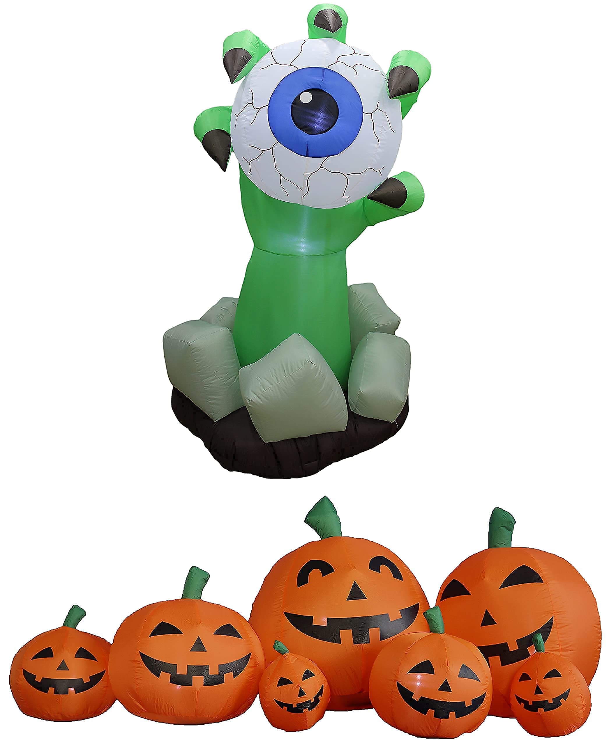 Halloween Party Decorations Bundle - 6ft Inflatable Monster Hand with Eyeball & 7.5ft LED Inflatable Pumpkin Patch for Indoor Outdoor Decor | Spooky Yard Haunt, Halloween Party Supplies, Trick or Treat Display