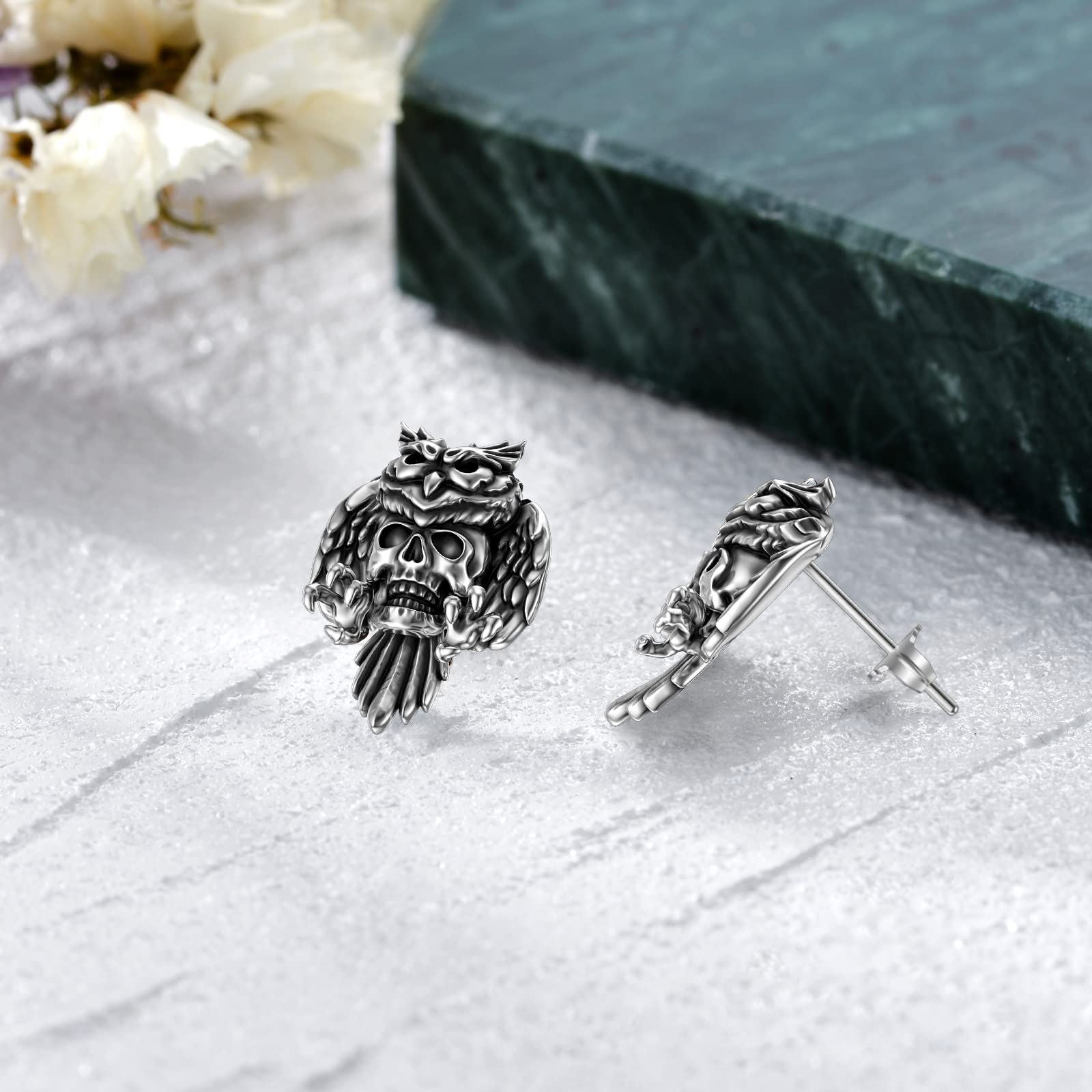 Seiyang 925 Sterling Silver Skull Earrings - Gothic Horns, Snake, Owl, Bones & Pirate Stud Earrings for Women & Men (Gift Box Included) | Perfect for Halloween, Punk Fashion & Gothic Jewelry Lovers