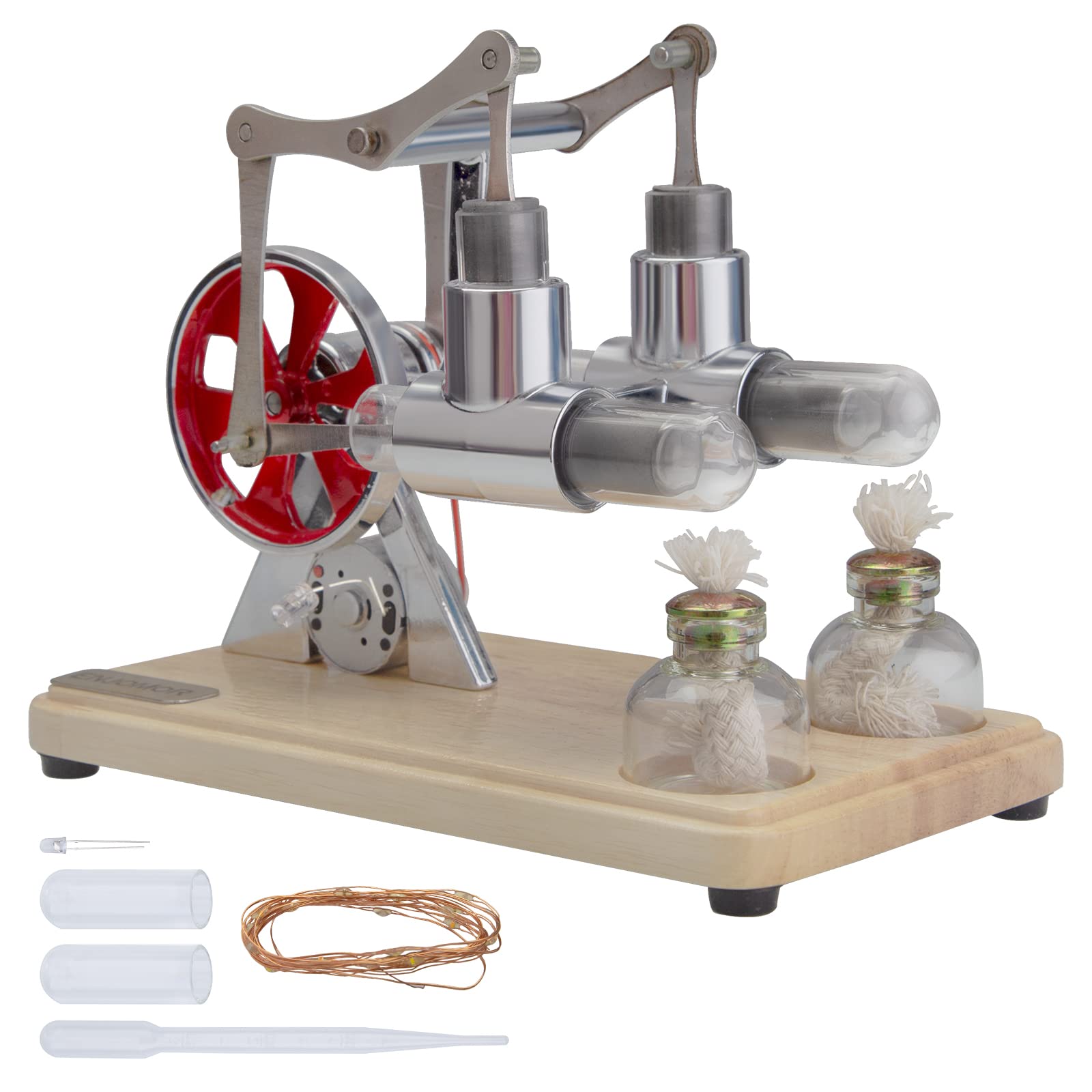 ENJOMOR Twin Cylinder Hot Air Stirling Engine Generator Kit - Physics Educational Model with LED Lamp for Classroom Teaching, Science Experiments & DIY Projects - Perfect for STEM Learning & Home Decor