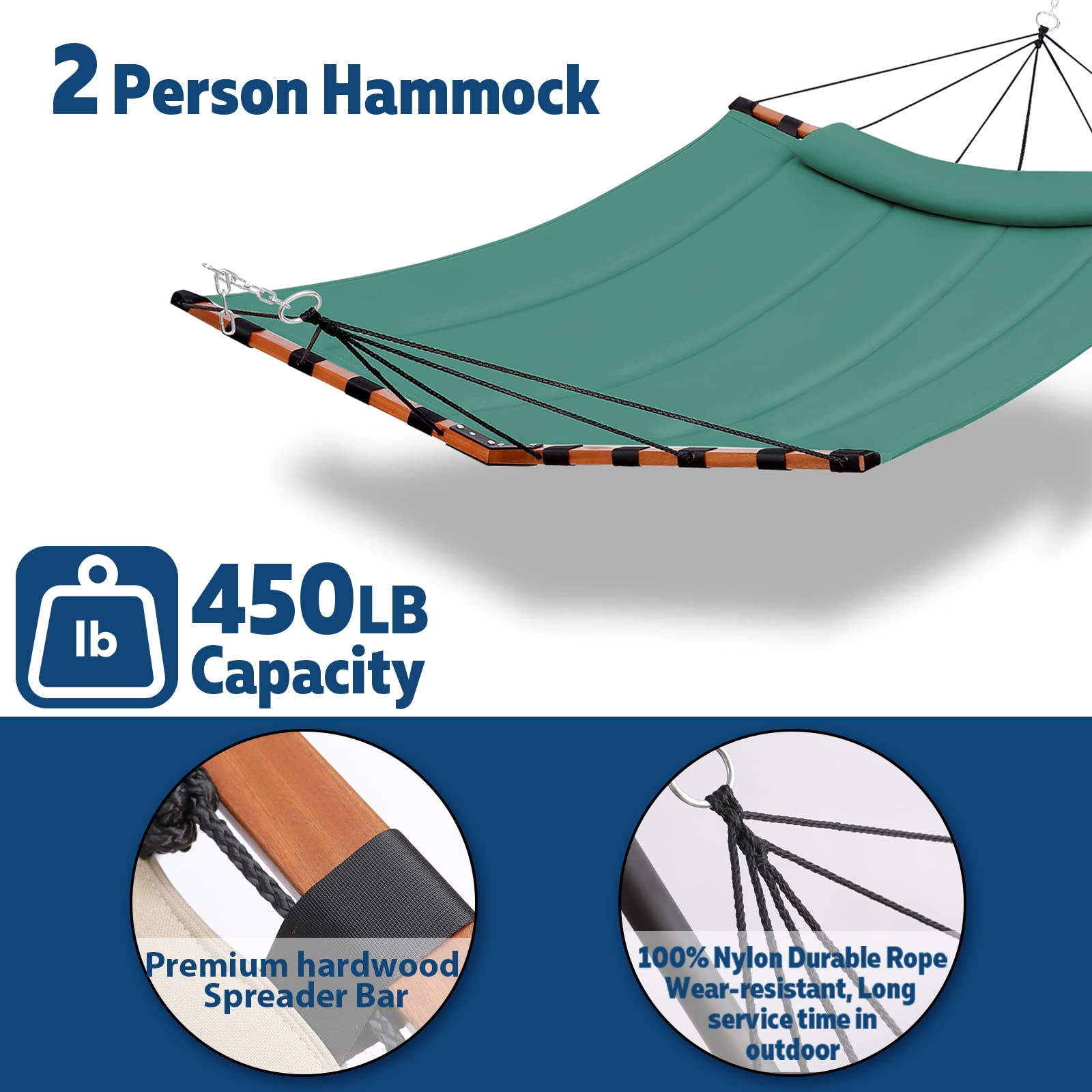 TegerDeger 12FT 2 Person Hammock - 450LB Capacity Heavy Duty Outdoor Hammock with V-Shaped Hardwood Spreader Bar & Durable Nylon Rope - Perfect for Backyard, Garden, Patio, Beach, Camping & Poolside Relaxation - Lake Blue