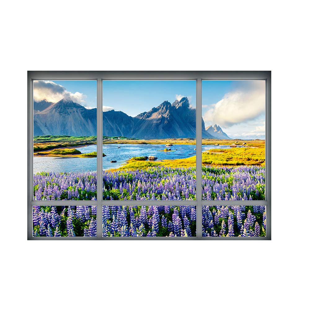 DNVEN 28x20 Inch 3D Fake Window Decal - Lavender Fields Mountain View HD Vinyl Wall Sticker for Bedroom, Living Room & Playroom | Home Decor, Office & Nursery Wall Art