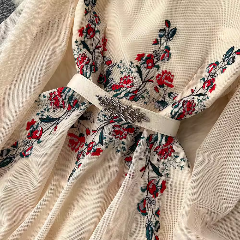 Elegant Embroidered Mesh Beaded Long Sleeve Fairy Dress for Women - Perfect for Autumn Weddings, Parties & Special Occasions