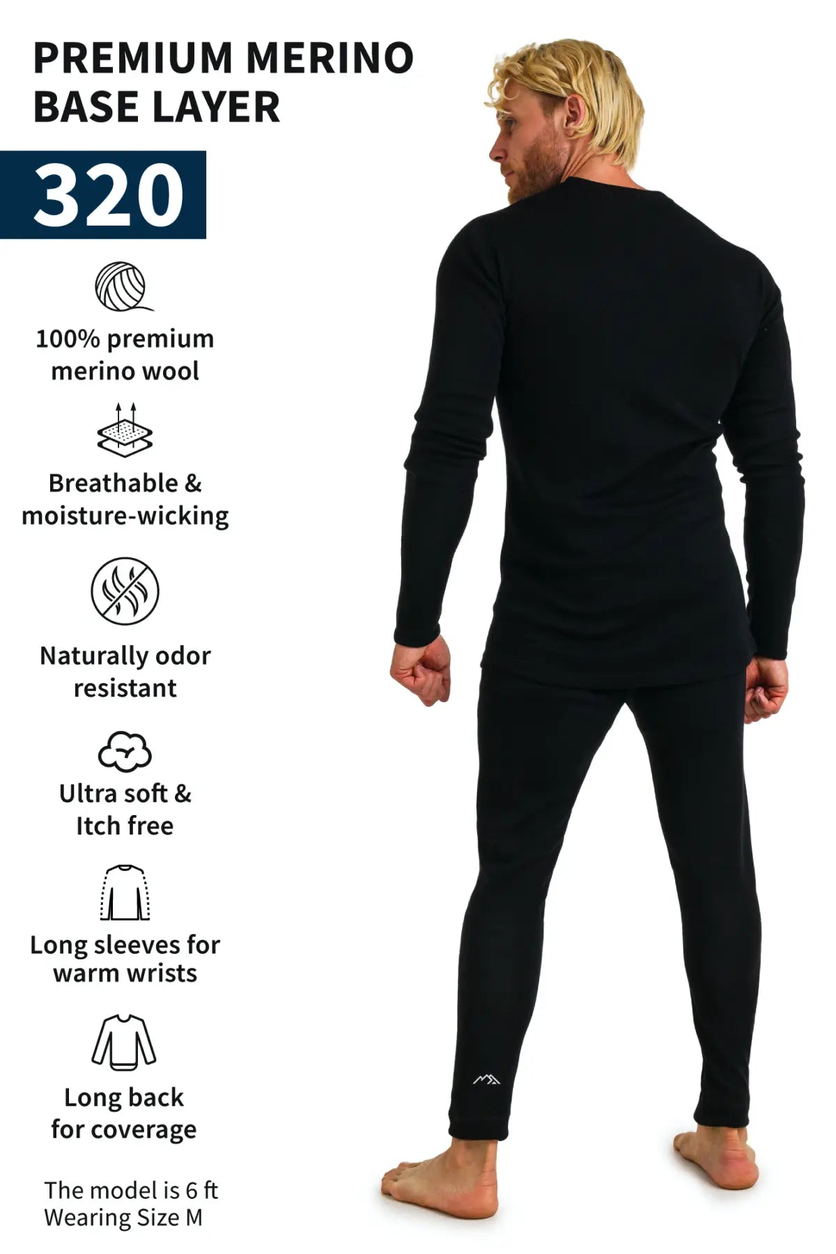 Men's Merino Wool Thermal Underwear Set 320 GSM - Black | Winter Base Layer for Skiing, Hiking & Cold Weather