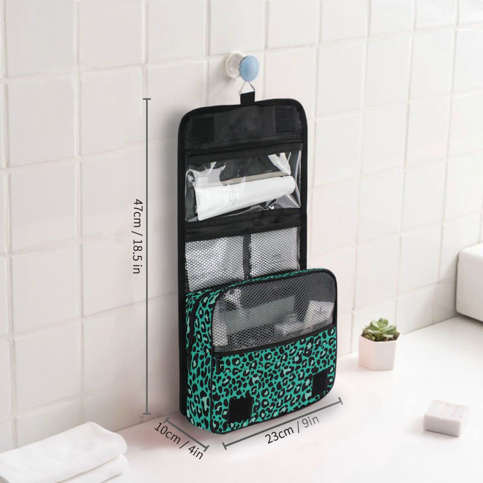 Moyyo Green Leopard Print Hanging Travel Toiletry Bag - Waterproof Cosmetic Makeup Organizer for Women & Men - Portable Wash Bag for Gym, Camping, Business Trips & Vacation Essentials