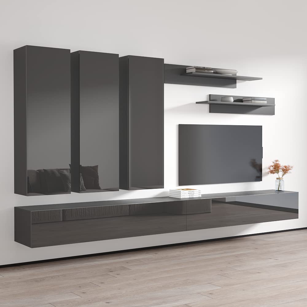 Modern Gray E1 30TV Wall-Mounted Floating Entertainment Center with Storage Shelves & LED Lights - Space-Saving TV Stand for Bedroom & Living Room - Perfect for Small Apartments, Home Theaters, and Gaming Setups
