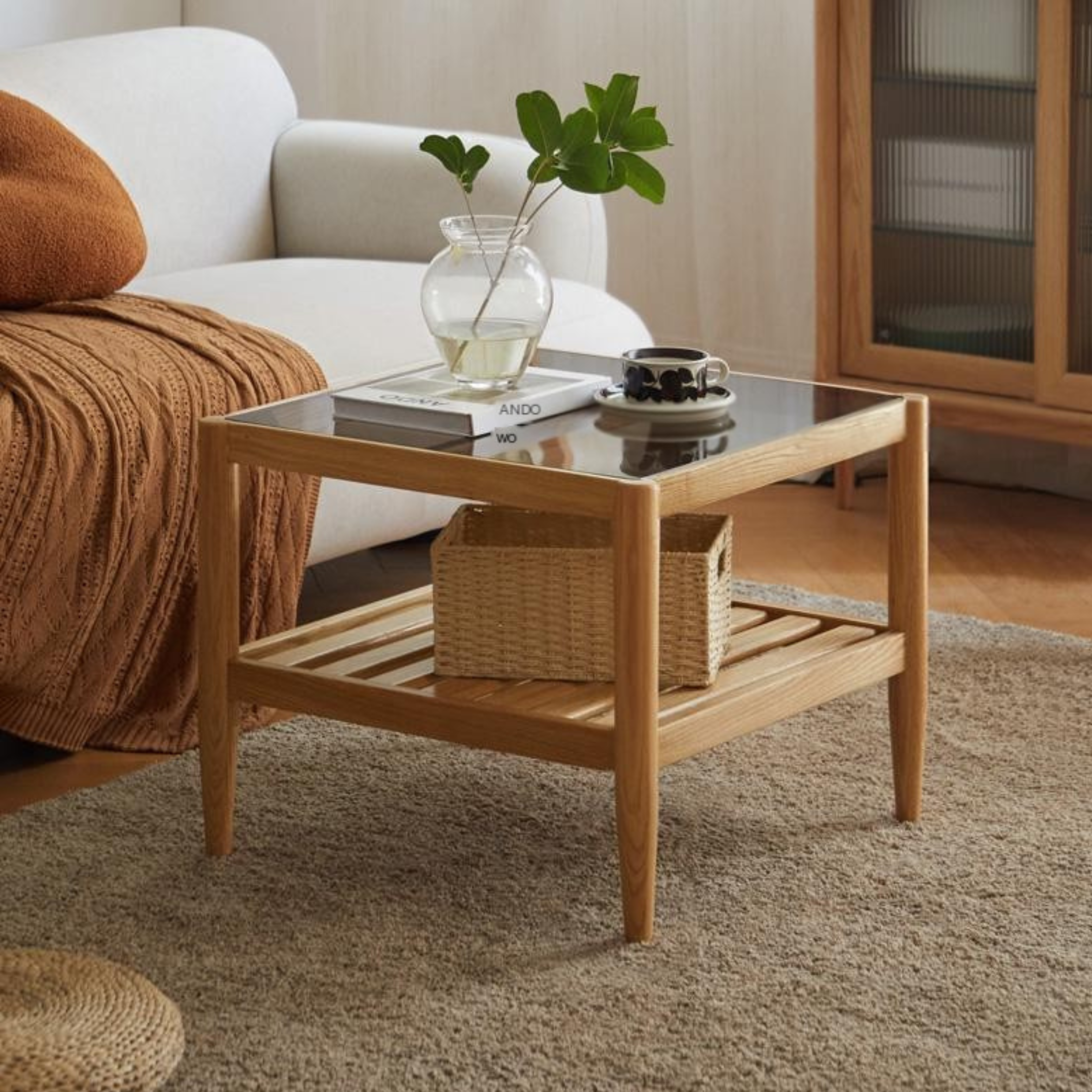 Modern Oak Solid Wood Nordic Glass Coffee Table - Minimalist Living Room Furniture for Small Spaces, Home Decor, and Cozy Gatherings