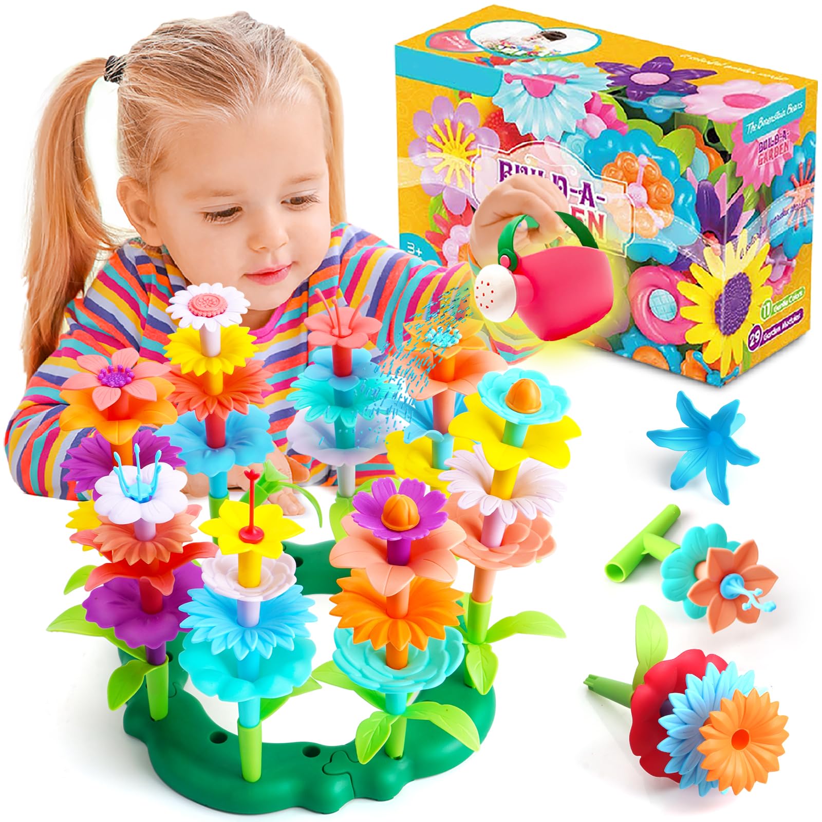 FUNZBO Flower Garden Building Toys Set - STEM Montessori Educational Sorting & Stacking Toy for Toddlers Age 2-6, Perfect Easter & Birthday Gift for Girls | Creative Spring Gardening Play for Preschool Learning