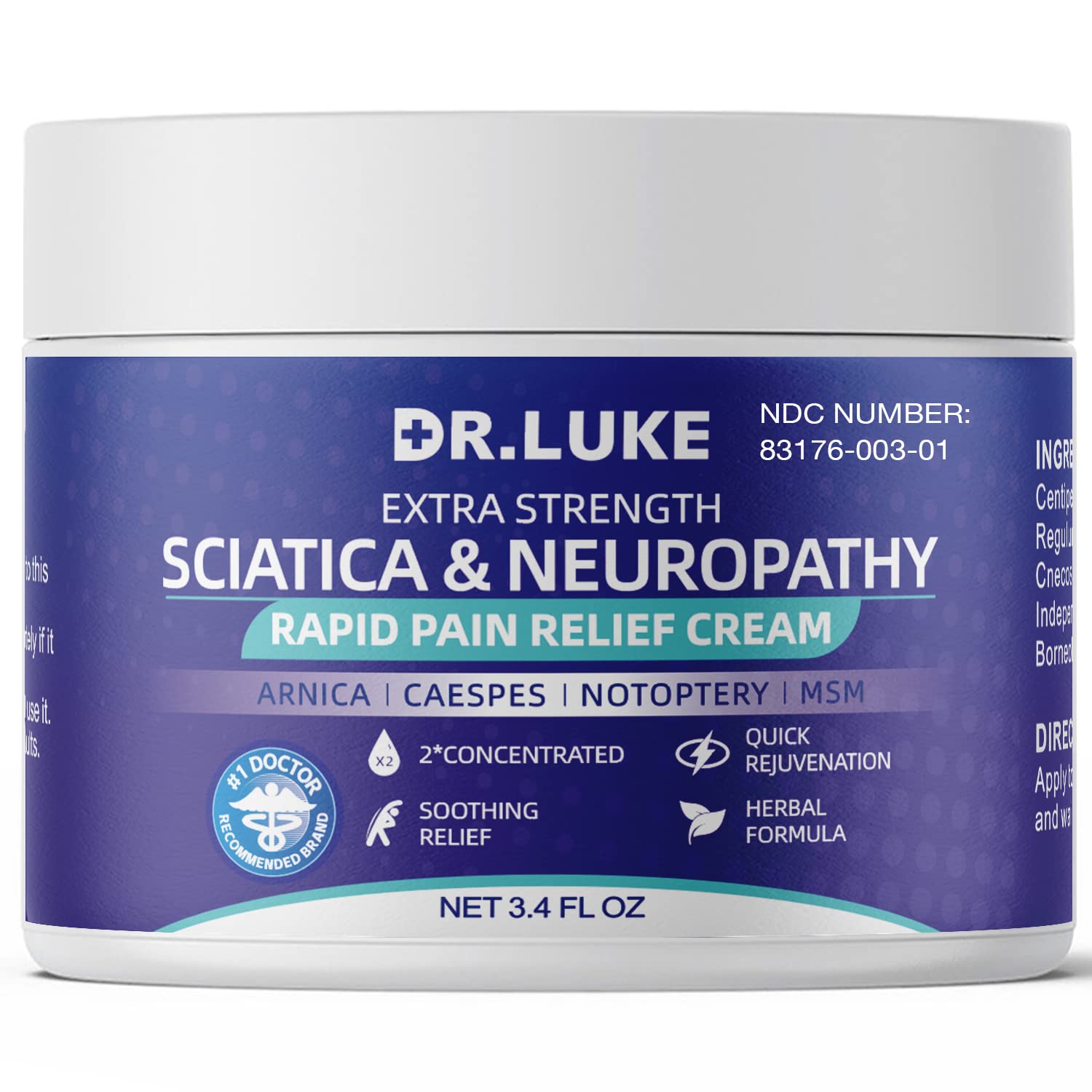 Dr. Luke Sciatica & Neuropathy Pain Relief Cream - Natural Nerve Pain Treatment for Feet, Hands, Legs & Toes - 3.4 oz - Soothes Aching Muscles & Joints for Active Lifestyles & Desk Workers