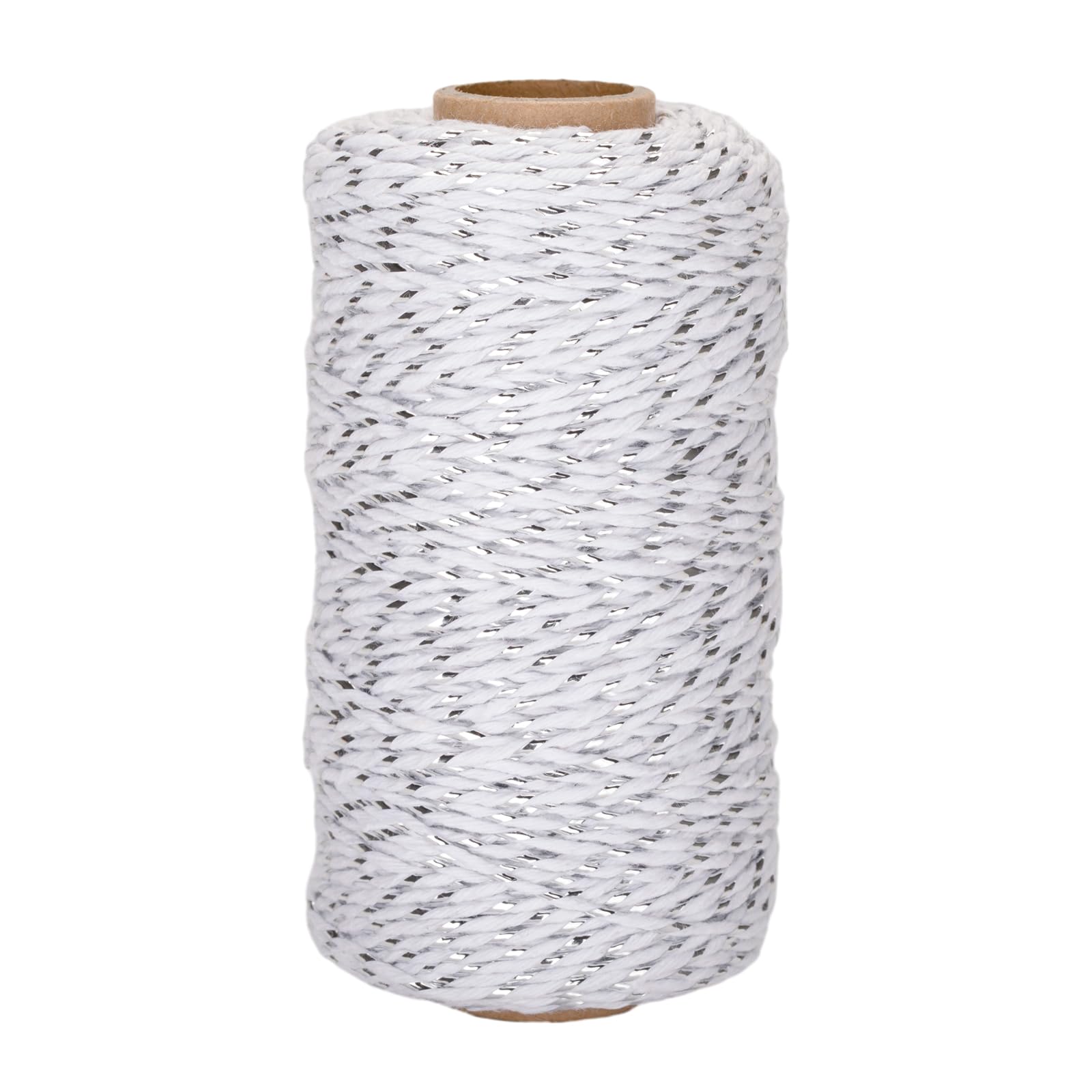 Jijacraft 328 Feet Twine String with Silver Wire - 2mm White Cotton Baker Twine for DIY Crafts, Gift Wrapping & Christmas Decorations | Heavy Duty Packaging String for Holiday Gifts, Scrapbooking & Home Decor Projects