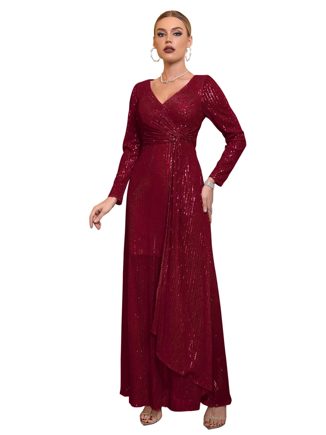 Meilun Women's Long Sleeve Sequin Evening Gown - Sparkly V-Neck Formal Maxi Dress for Wedding Guest, Prom, Party & Special Occasions