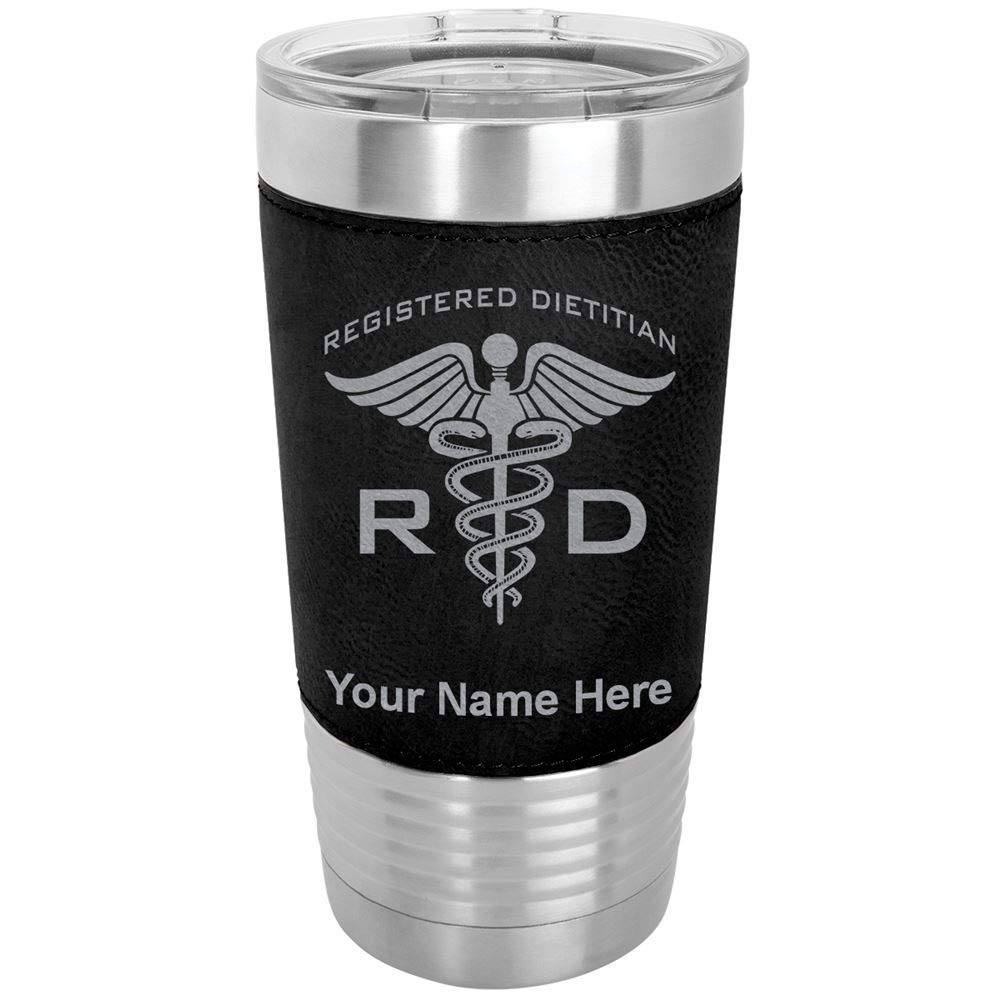 LaserGram 20oz Vacuum Insulated Stainless Steel Tumbler Mug with Personalized Engraving - Faux Leather Sleeve, Black - Perfect for Coffee, Tea & Cold Drinks at Home, Office or Gym - RD Registered Dietitian Approved