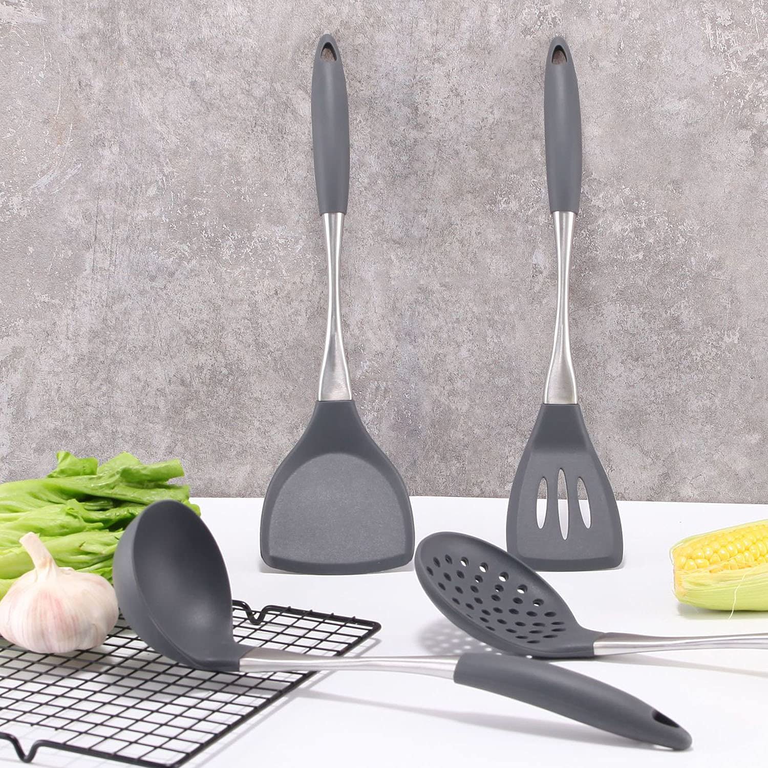 Premium 4-Piece Solid Silicone Cooking Utensil Set - Heat Resistant Kitchen Tools with Soup Ladle, Slotted Skimmer, Spoon & Spatula Turner by Lisdripe - Perfect for Baking, Frying & Serving Dishes