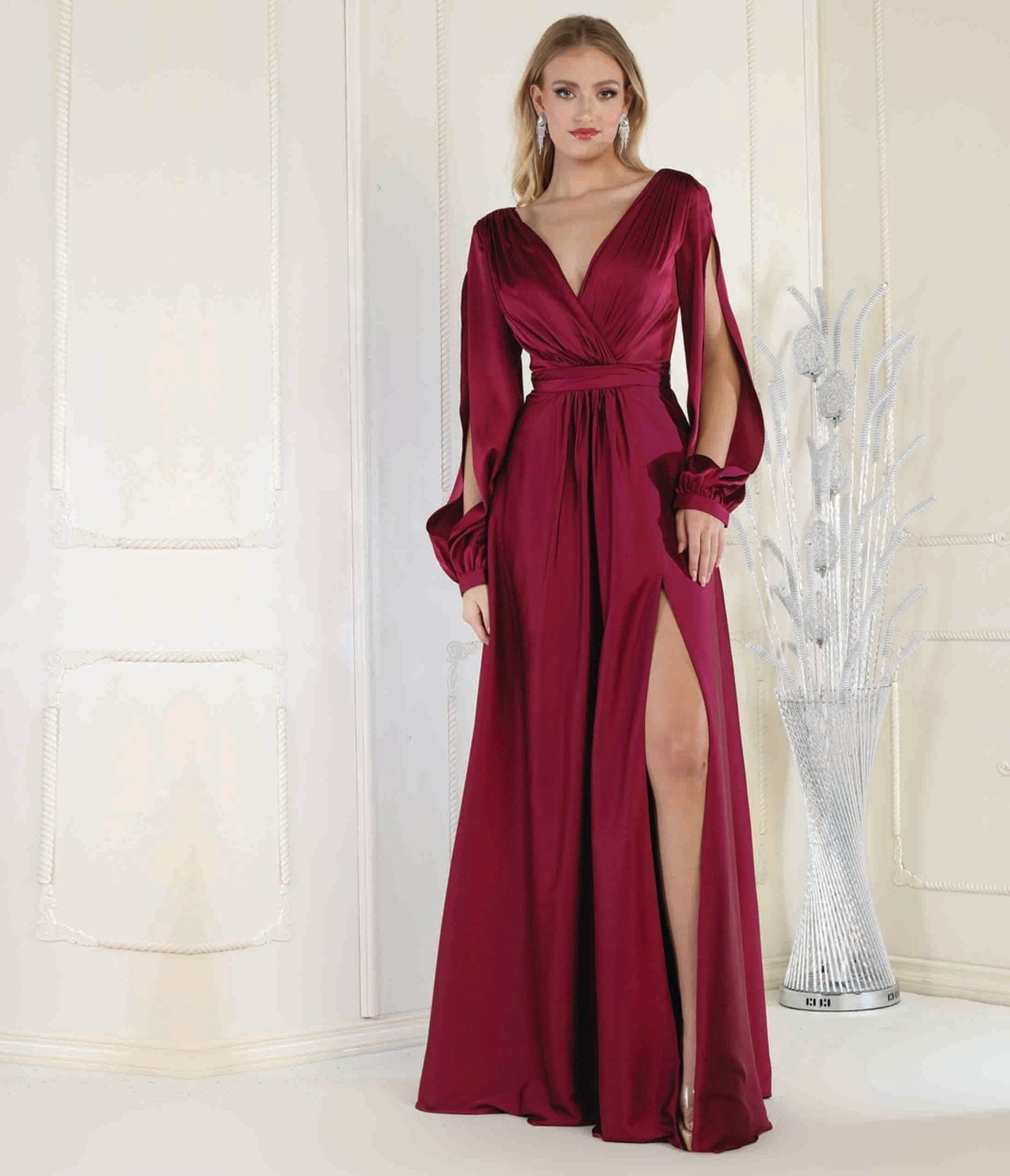 Elegant Magenta Satin Long Sleeve Evening Gown for Women - Formal Dresses for Prom, Wedding Guest, Cocktail Party & Special Occasions