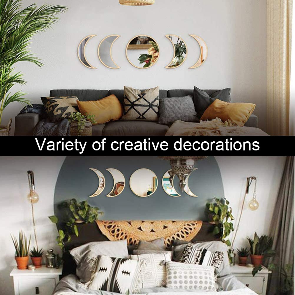 5-Piece Moon Phase Mirror Set - Natural Bohemian Wall Decor for Living Room, Bedroom, Office - Perfect for Home Decor, Meditation Spaces & Boho Chic Interiors