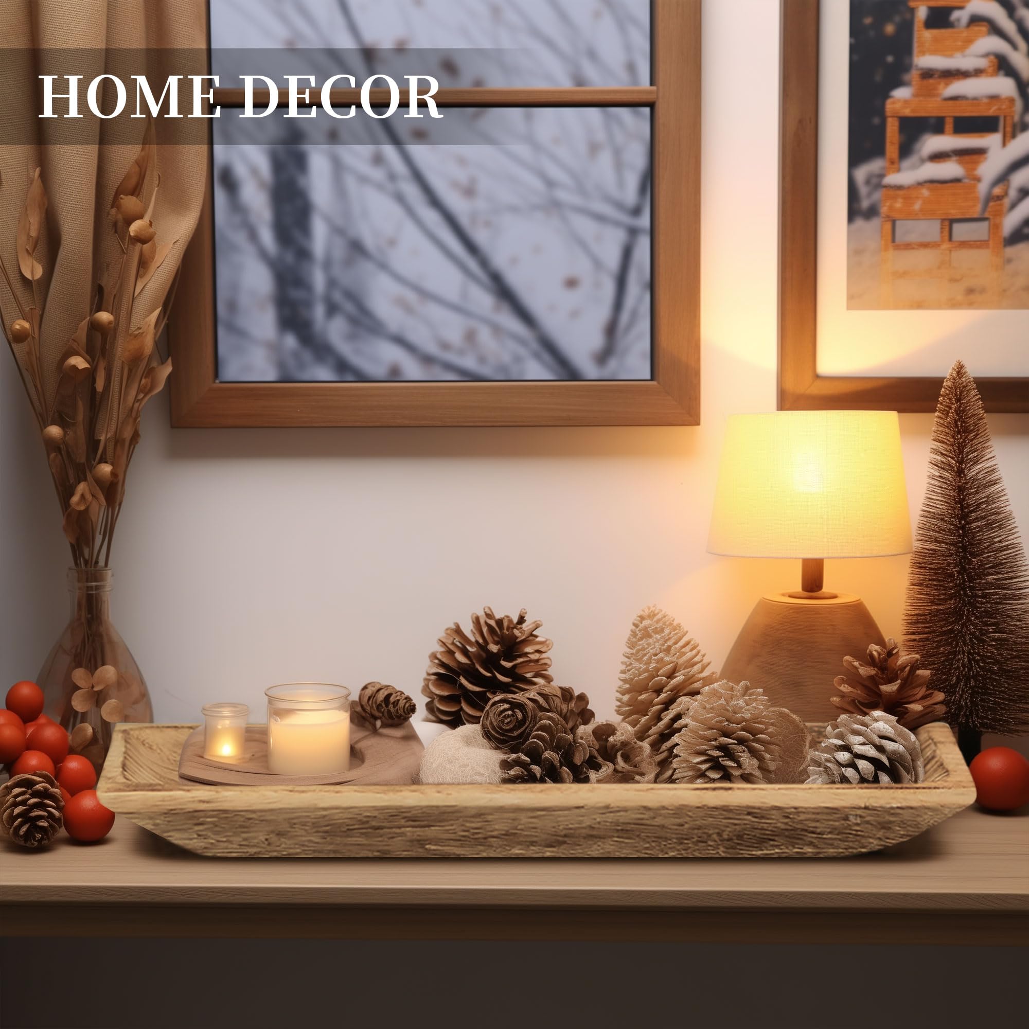 Hanobe Large Decorative Wood Dough Bowl - Rustic Unfinished Wooden Centerpiece for Dining Table, Kitchen Decor, Candle Holder & Fruit Bowl | Perfect for Farmhouse, Wedding & Holiday Decorations
