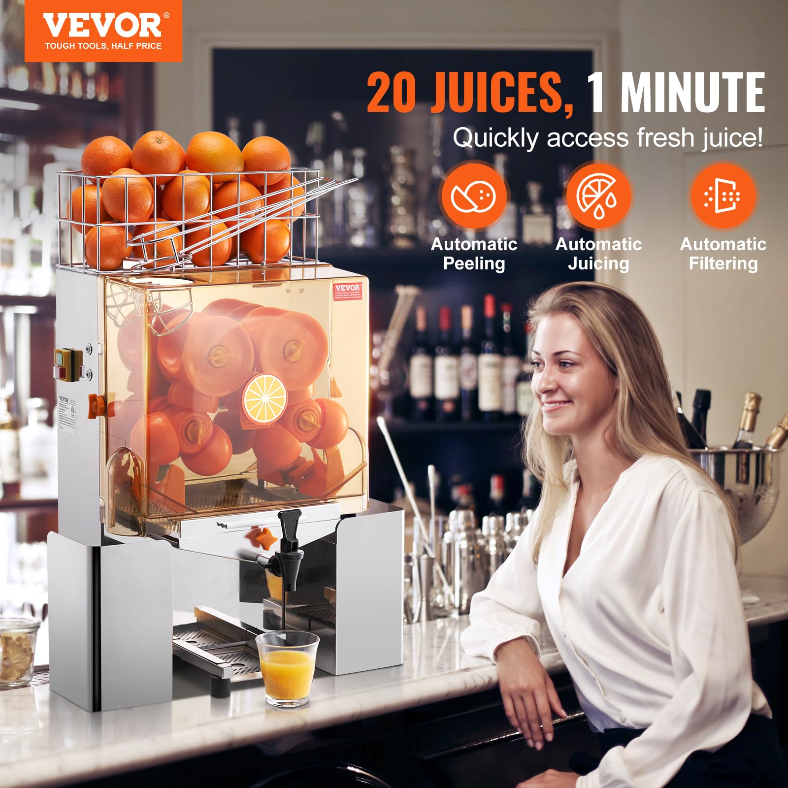VEVOR Commercial Orange Juicer Machine 120W - Automatic Juice Extractor with Water Tap, Stainless Steel Orange Squeezer (20 Oranges/Min) - Includes Pull-Out Filter Box, PC Cover & 2 Peel Buckets - Perfect for Restaurants, Juice Bars & Catering Services