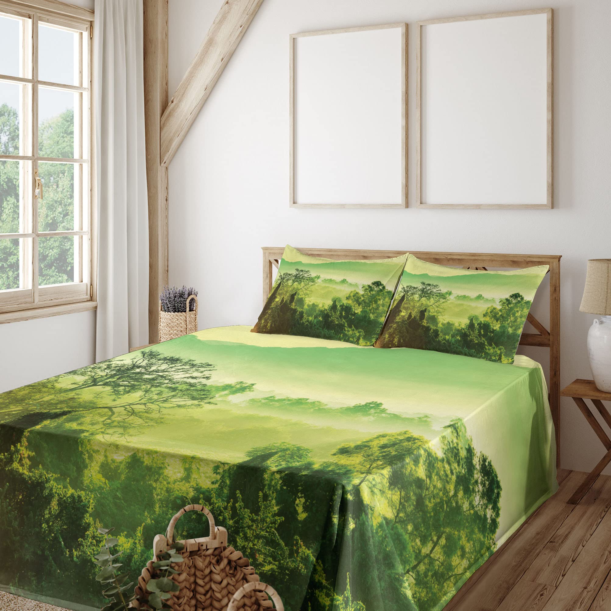Ambesonne King Size 4-Piece Sheet Set - Green Nature Landscape with Mountains & Trees, Fitted & Flat Sheets + Pillowcases - Lime & Yellow Green Bedding for Master Bedroom, Guest Room, or Vacation Home
