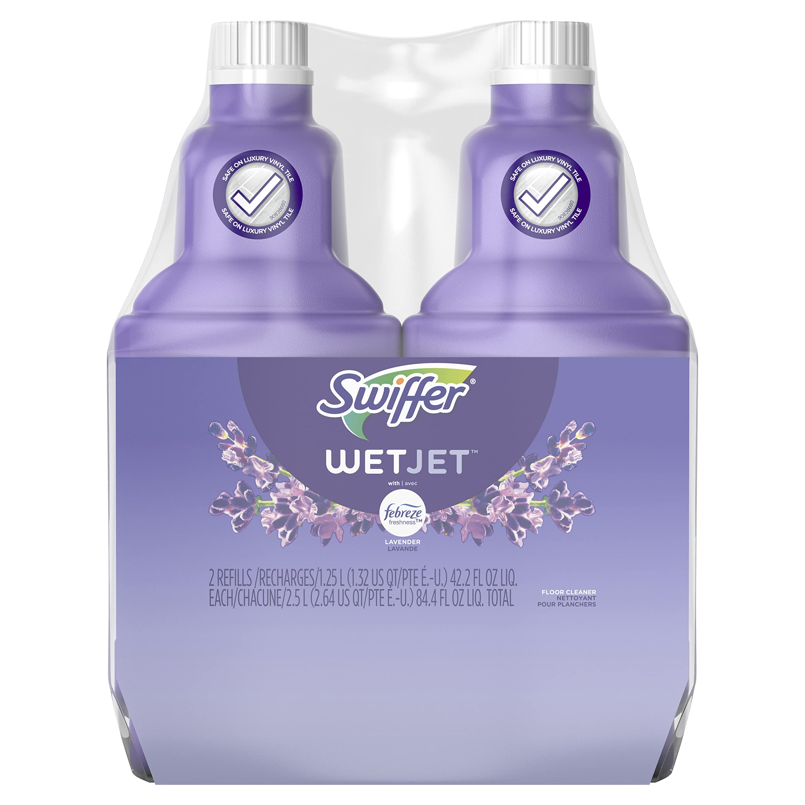 Swiffer WetJet Multi-Surface Floor Cleaner Solution with Febreze Refill - Hardwood, Tile & Laminate Floor Cleaner - Lavender Scent, 1.25 Liter (42.2 Fl Oz) - Pack of 2 - Ideal for Kitchens, Bathrooms & High-Traffic Areas