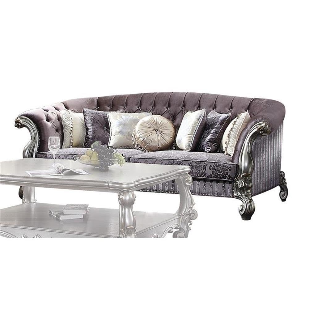 Velvet Versailles Sofa with 7 Pillows - Antique Platinum Finish for Luxury Living Room