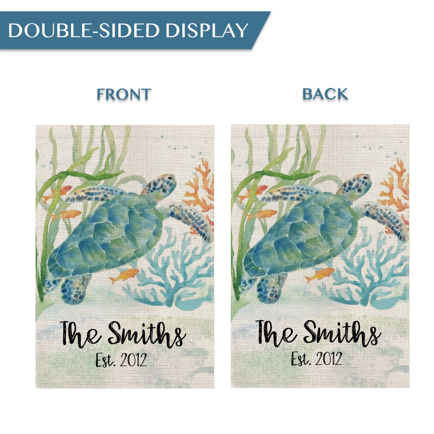 Custom Personalized Summer Garden Flag with Sea Turtle Design - Double Sided 12x18 Inch Rustic Farmhouse Burlap Yard Decor - Perfect for Outdoor Patio, Front Porch & Seasonal Home Decoration