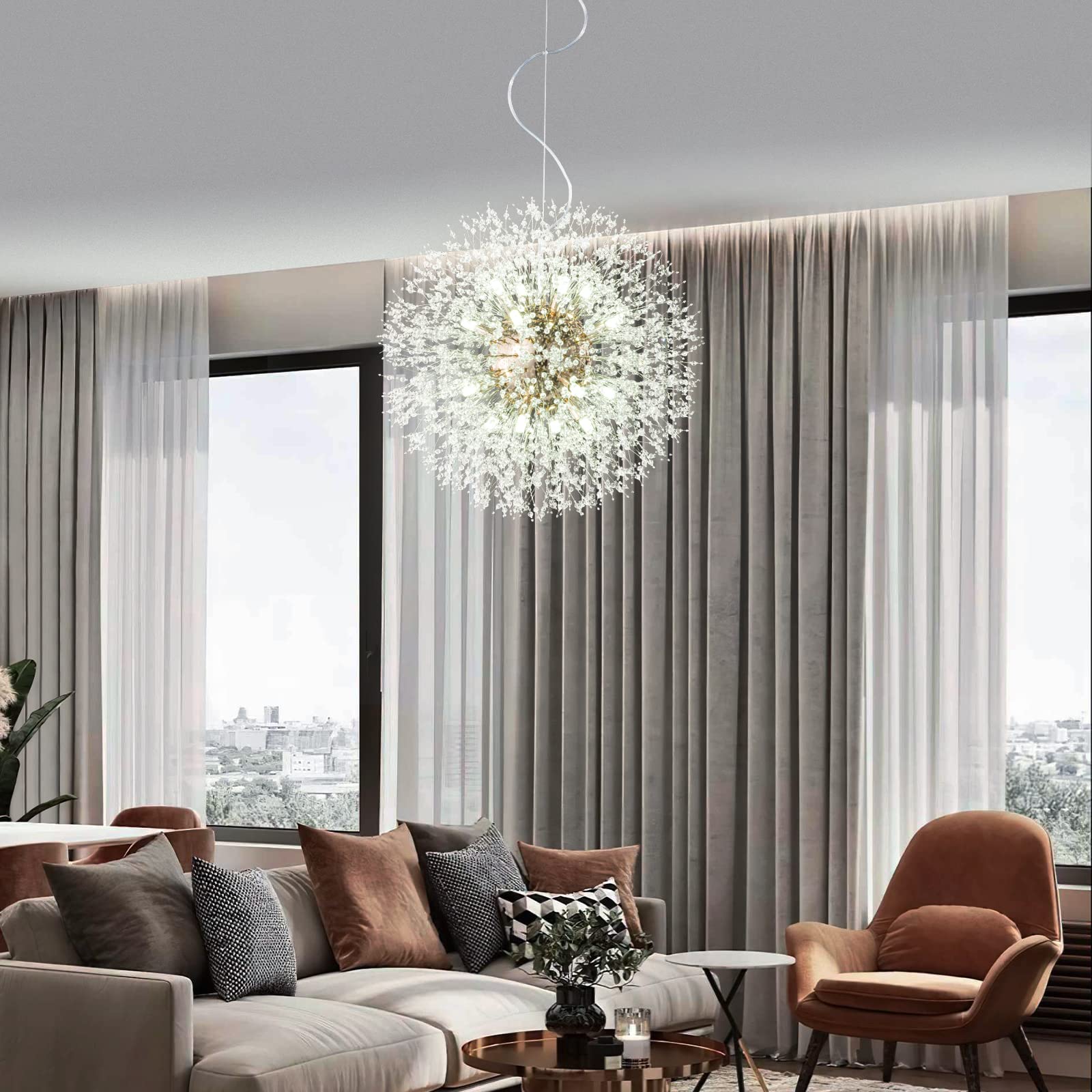 Modern Chandelier Firework Dandelion Sputnik Chandelier - 16-Light Crystal Gold Pendant Lighting Fixture for Kitchen Island, Dining Room, Bedroom & Living Room - Elegant Ceiling Light for Home Decor, Wedding & Luxury Interior Design