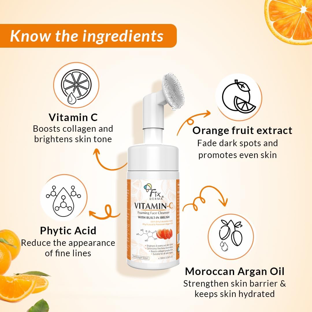 2% Vitamin C Foaming Face Cleanser with Brush for Women & Men - Brightens Skin, Reduces Wrinkles & Exfoliates | 100ml | Daily Skincare Routine for Even Tone & Youthful Glow