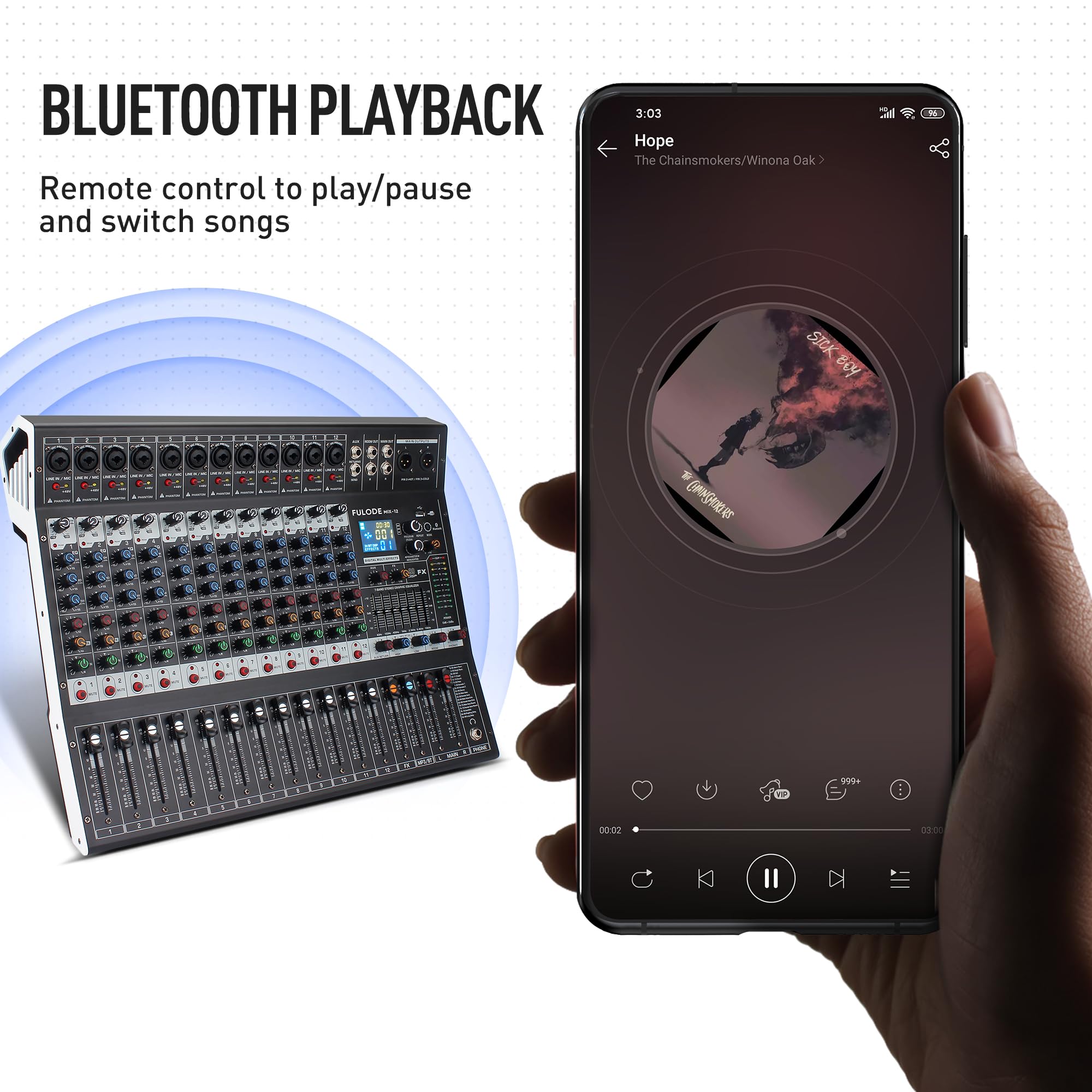 12-Channel Bluetooth Studio Audio Mixer with 99-Bit DSP Digital Processor, USB MP3 for PC Recording, RCA & XLR Microphone Inputs, 48V Phantom Power – Perfect for DJs, Podcasters, and Home Studio Recording