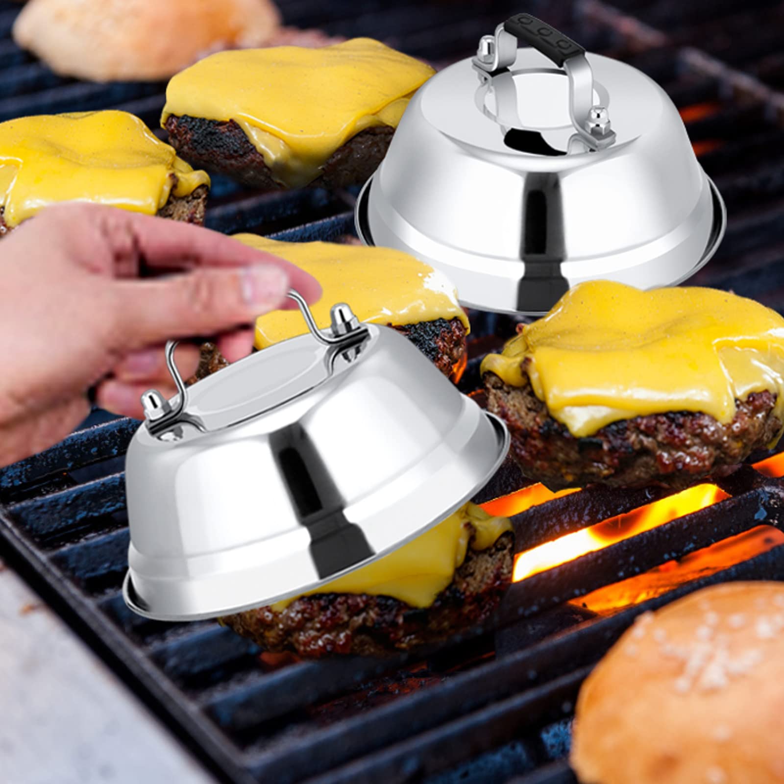 Leonyo 2-Pack 6.5 Inch Stainless Steel Cheese Melting Dome - Heavy Duty Basting Cover for Grilling, Cast Iron Griddles & Flat Top Cooking - Heat Resistant Handle - Perfect for Burgers, Quesadillas & Smashed Potatoes