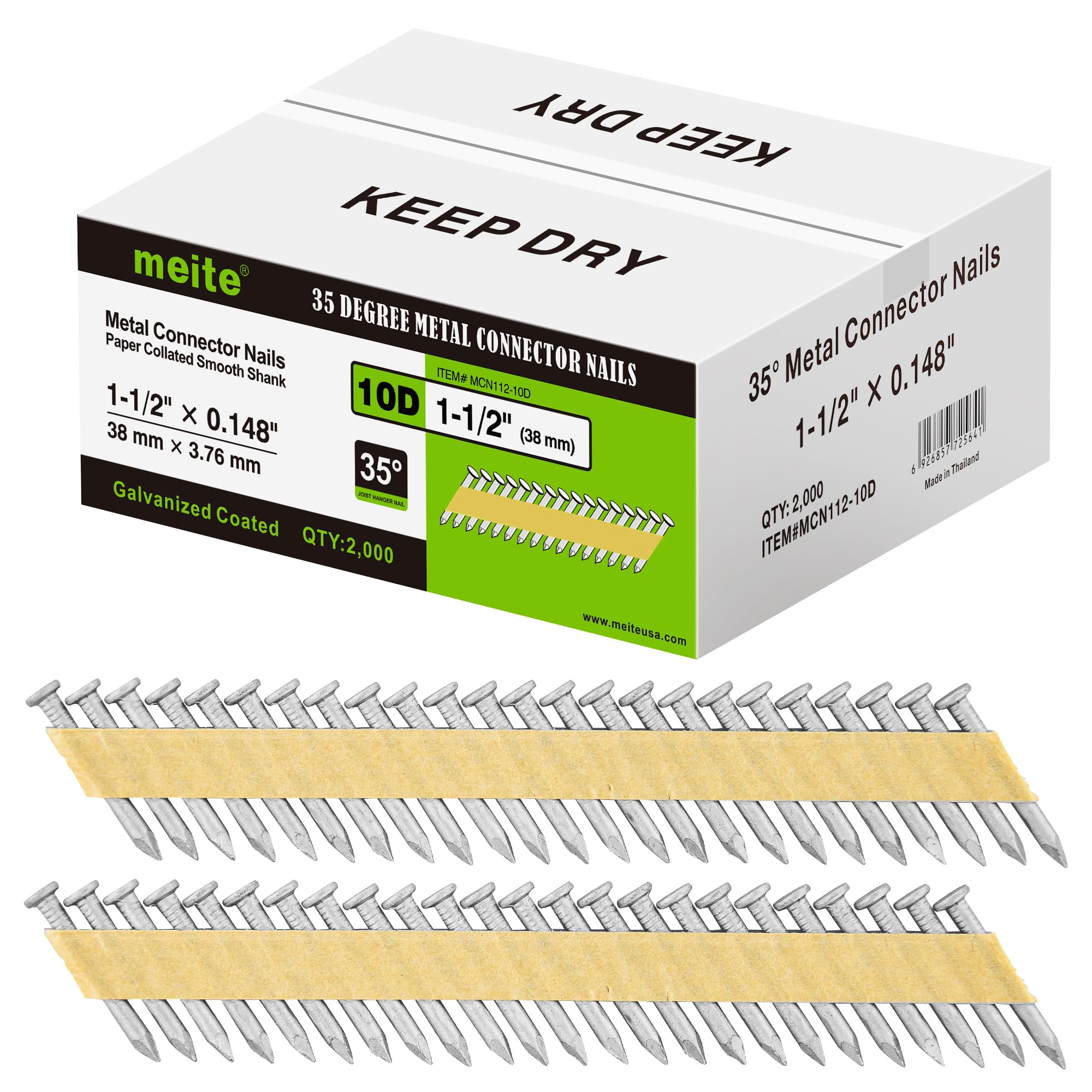 Galvanized 1-1/2 Inch Joist Hanger Nails - 35 Degree Paper Tape Collated Smooth Shank Framing Nails for Metal Connector Nailers (2,000 Count) - Perfect for Deck Building, Roofing, and Structural Framing Projects
