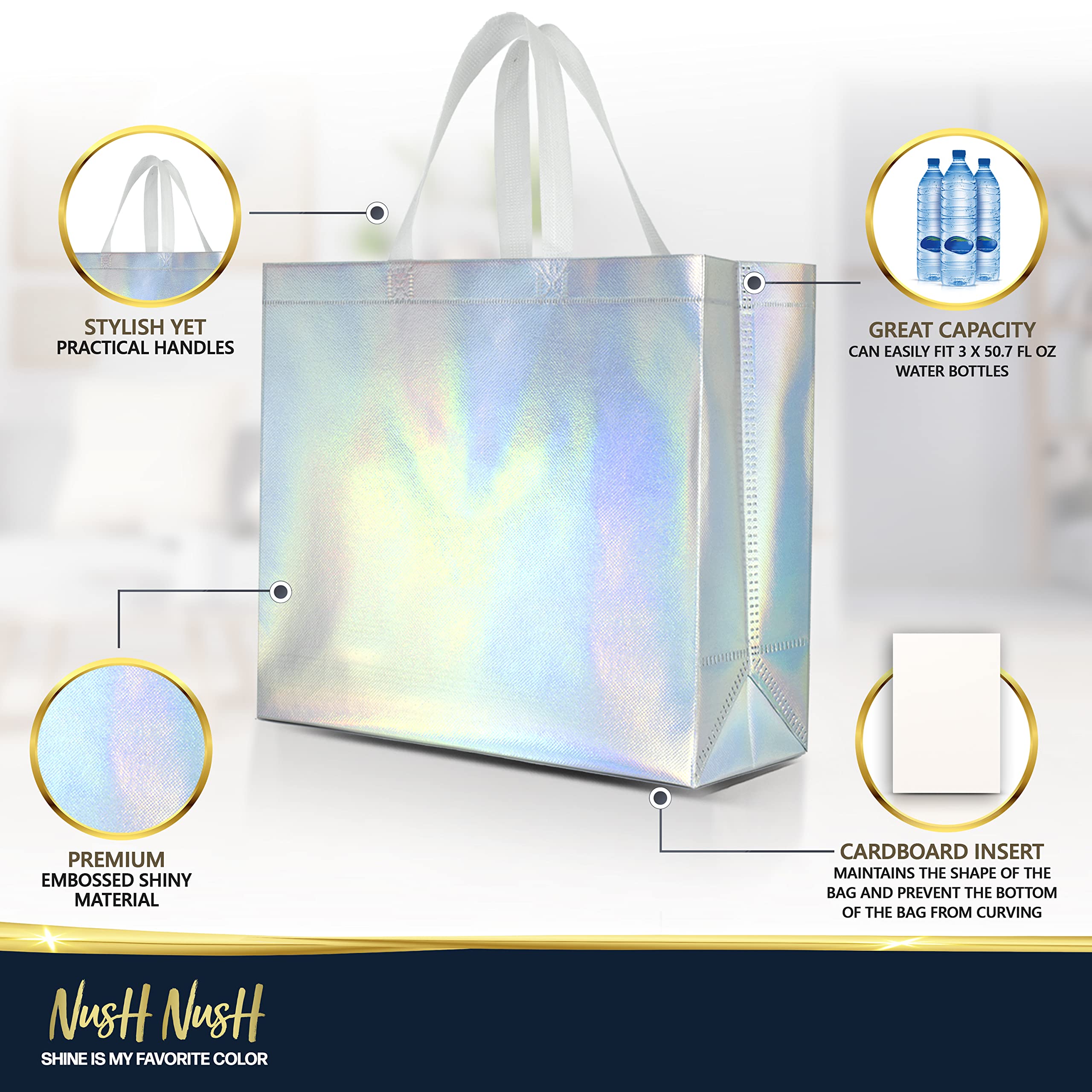 Nush Nush Iridescent Gift Bags Large Size – Set of 12 Holographic Reusable Gift Bags With Handles - Perfect for Bridesmaids, Bachelorette Parties, Birthday Gifts, Goodie Bags & Party Favors – 13x5x11 – Great for Weddings, Baby Showers & Holiday Celebrations