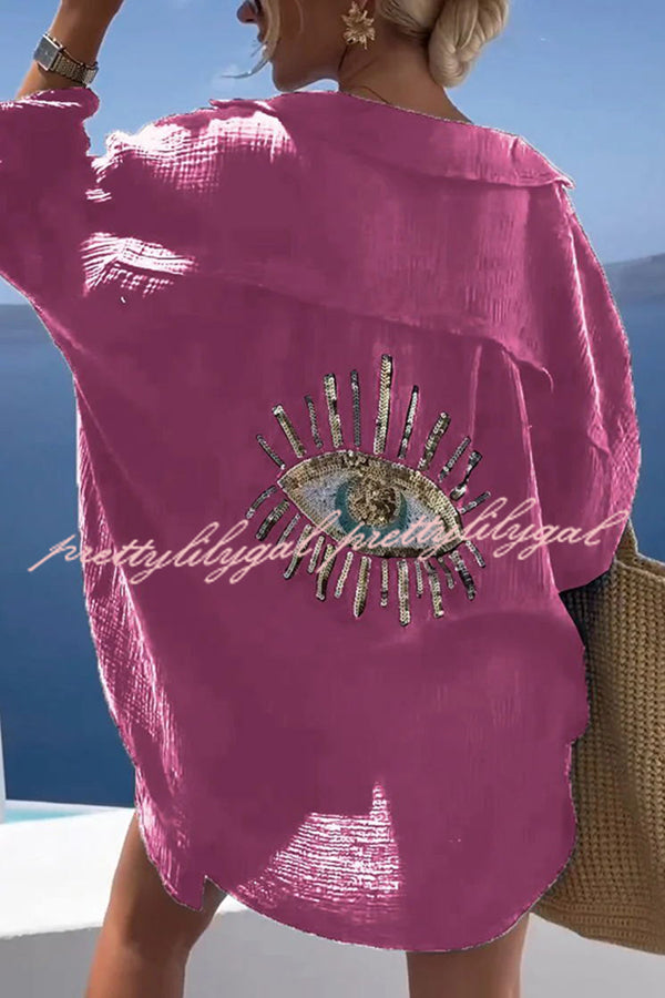 Summer Breeze Linen Blend Sequin Magic Eye Design Oversized Relax Shirt for Women | Boho Chic Beach Cover Up | Casual Loose Fit Blouse for Vacation, Party & Date Night